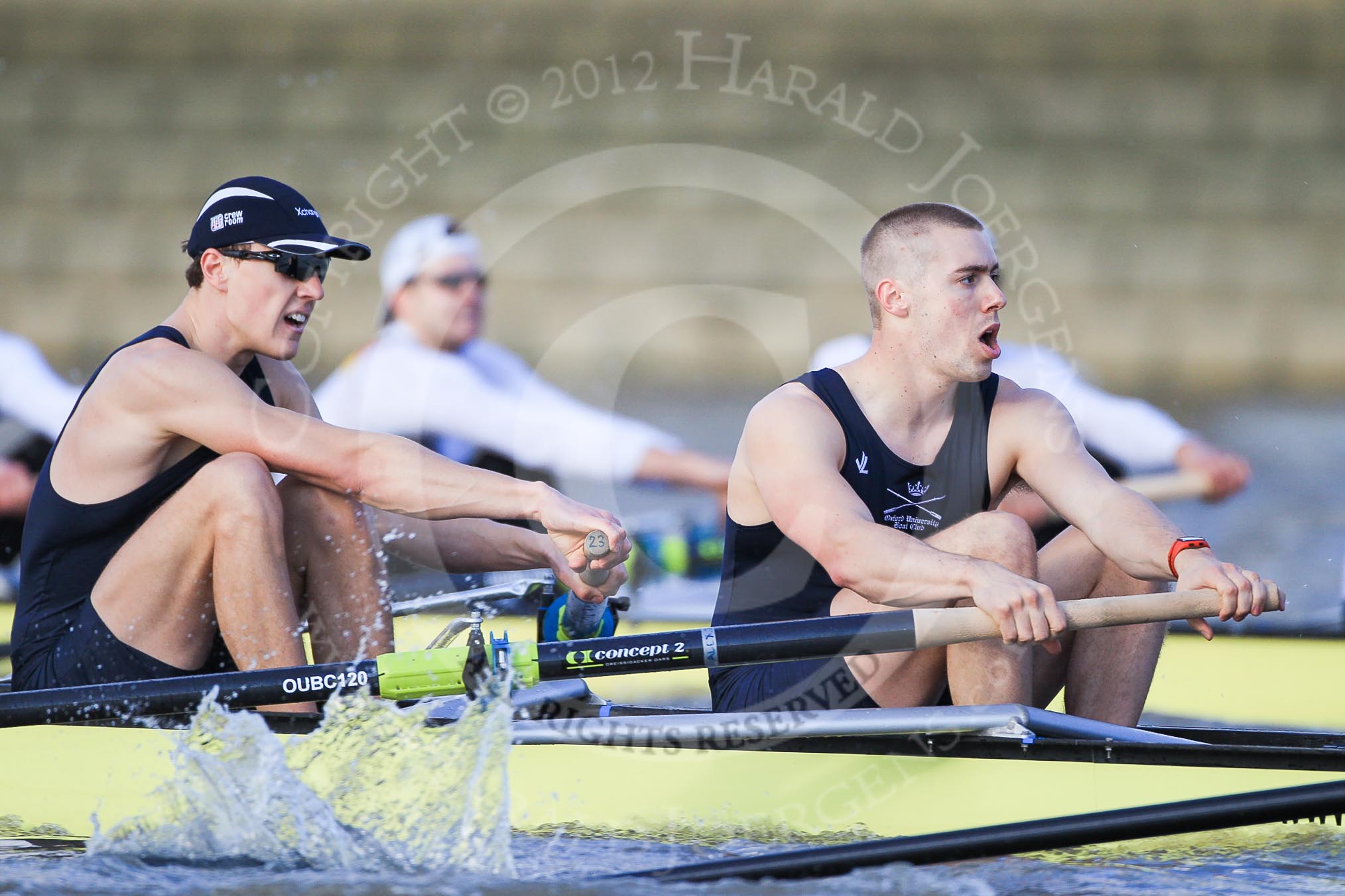 The Boat Race season 2012 - fixture OUBC vs German U23: The German U23 boat leading the race, the Oxford Blue Boat with Karl Hudspith (left) and Alex Davidson..
River Thames between Putney and Mortlake,
London,

United Kingdom,
on 26 February 2012 at 15:27, image #55