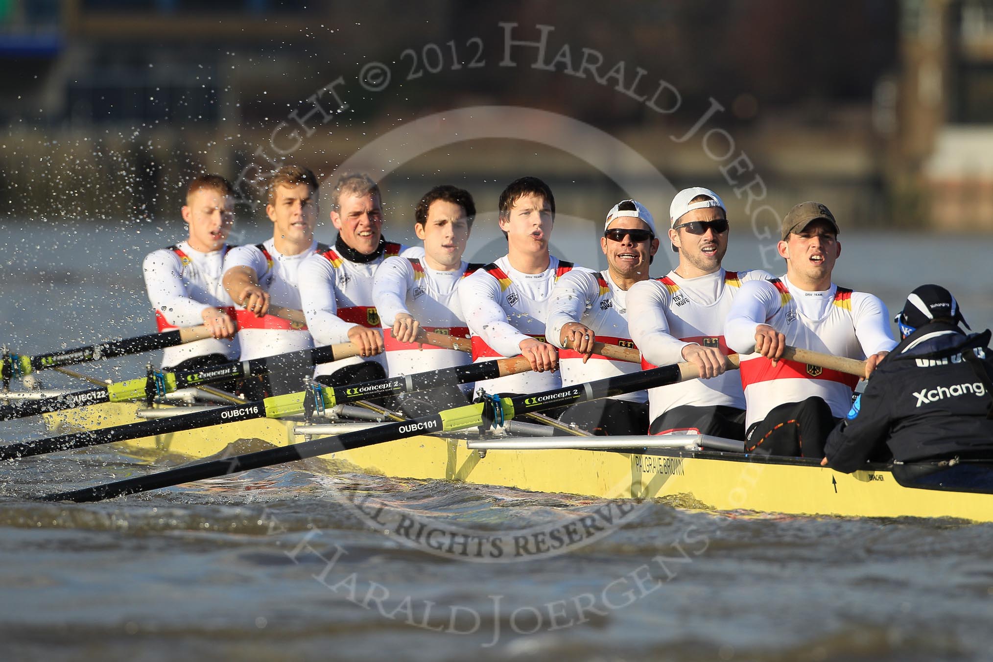 The Boat Race season 2012 - fixture OUBC vs German U23: The German U23 boat, from left to right bow Maximilian Johanning, Rene Stüven, Robin Ponte, Alexander Thierfelder, Malte Jakschik, Maximilian Planer, Felix Wimberger, stern Lukas-Frederik Müller, and cox Oskar Zorilla..
River Thames between Putney and Mortlake,
London,

United Kingdom,
on 26 February 2012 at 15:28, image #61