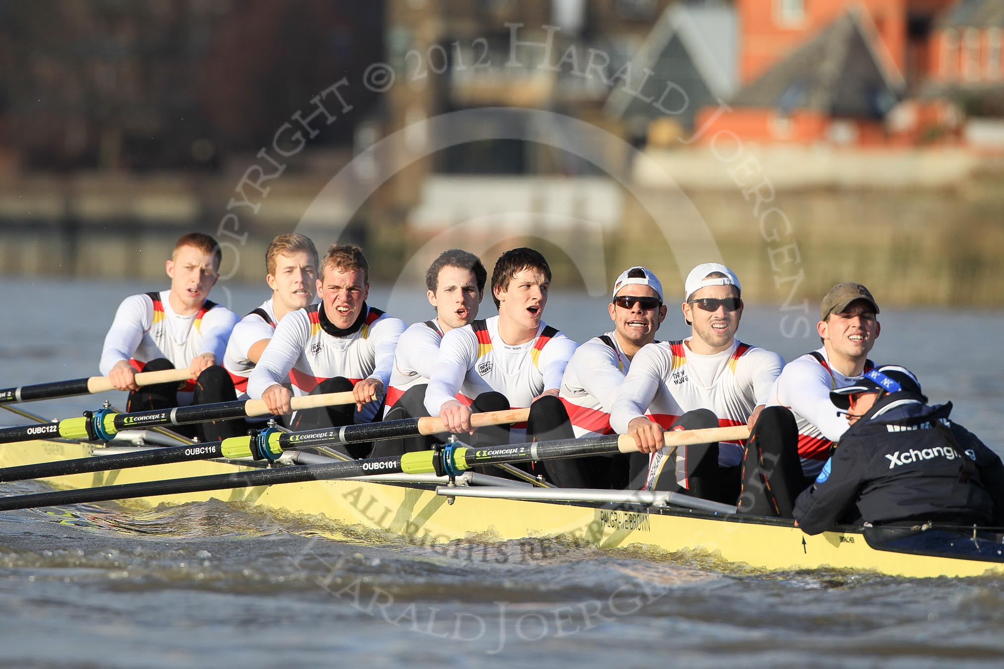 The Boat Race season 2012 - fixture OUBC vs German U23: The German U23 boat, from left to right bow Maximilian Johanning, Rene Stüven, Robin Ponte, Alexander Thierfelder, Malte Jakschik, Maximilian Planer, Felix Wimberger, stern Lukas-Frederik Müller, and cox Oskar Zorilla..
River Thames between Putney and Mortlake,
London,

United Kingdom,
on 26 February 2012 at 15:28, image #62