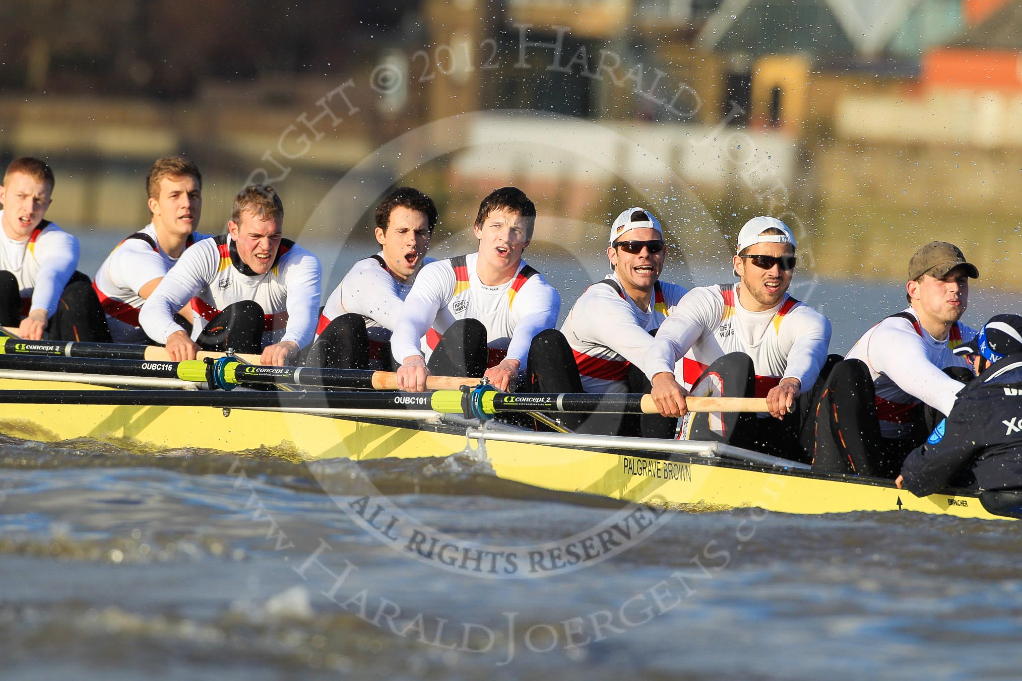 The Boat Race season 2012 - fixture OUBC vs German U23: The German U23 boat, from left to right bow Maximilian Johanning, Rene Stüven, Robin Ponte, Alexander Thierfelder, Malte Jakschik, Maximilian Planer, Felix Wimberger, stern Lukas-Frederik Müller, and cox Oskar Zorilla..
River Thames between Putney and Mortlake,
London,

United Kingdom,
on 26 February 2012 at 15:28, image #63