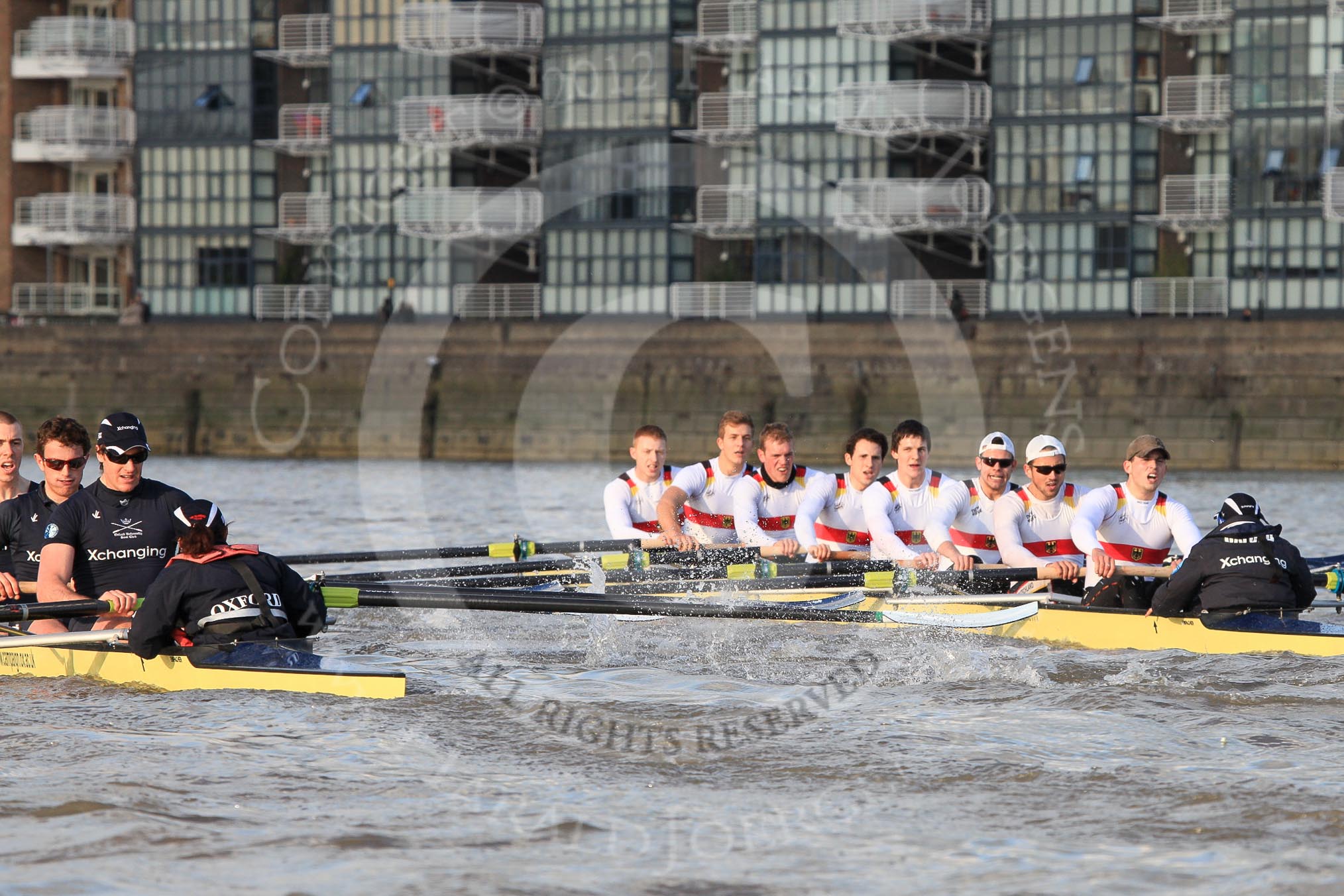 The Boat Race season 2012 - fixture OUBC vs German U23: In the Oxford Blue Boat - Alex Davidson, Dan Harvey, stern Roel Haen, cox Zoe de Toledo, in the German U23 boat - bow Maximilian Johanning, Rene Stüven, Robin Ponte, Alexander Thierfelder, Malte Jakschik, Maximilian Planer, Felix Wimberger, stern Lukas-Frederik Müller, cox Oskar Zorilla..
River Thames between Putney and Mortlake,
London,

United Kingdom,
on 26 February 2012 at 15:30, image #65