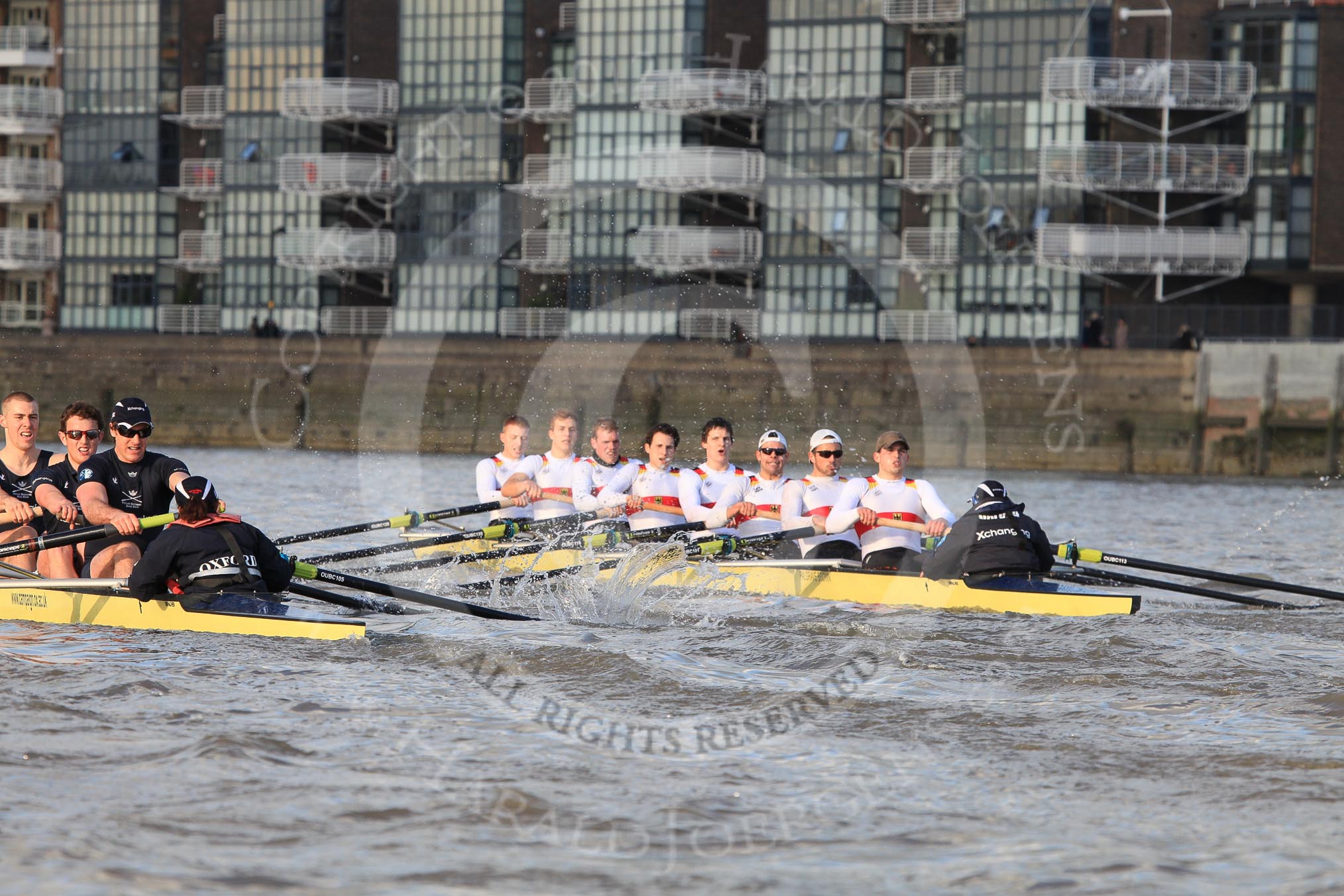 The Boat Race season 2012 - fixture OUBC vs German U23: In the Oxford Blue Boat - Alex Davidson, Dan Harvey, stern Roel Haen, cox Zoe de Toledo, in the German U23 boat - bow Maximilian Johanning, Rene Stüven, Robin Ponte, Alexander Thierfelder, Malte Jakschik, Maximilian Planer, Felix Wimberger, stern Lukas-Frederik Müller, cox Oskar Zorilla..
River Thames between Putney and Mortlake,
London,

United Kingdom,
on 26 February 2012 at 15:30, image #66
