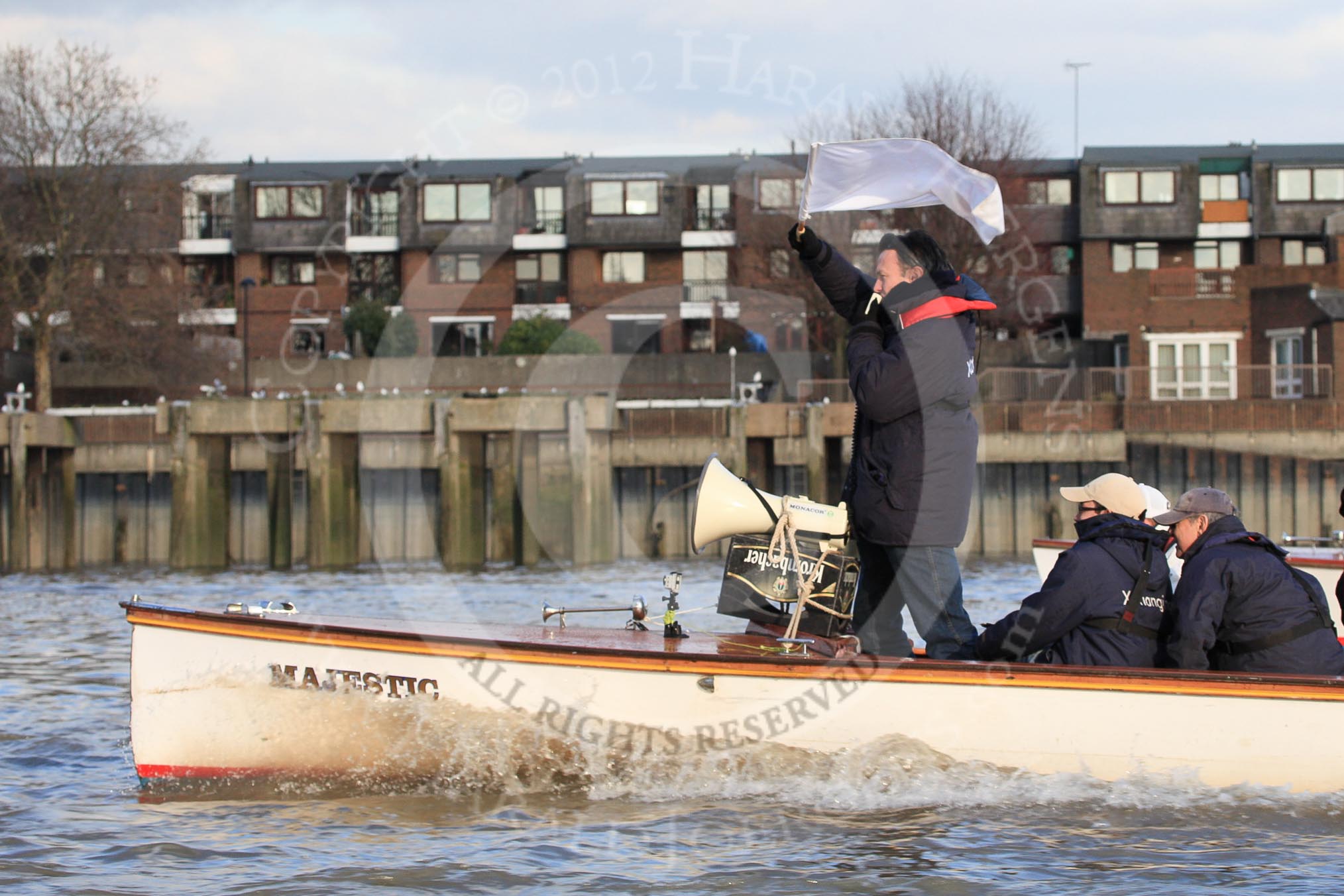 The Boat Race season 2012 - fixture OUBC vs German U23: Boat Race Umpire Rob Clegg on board of the Thames launch "Majestic"..
River Thames between Putney and Mortlake,
London,

United Kingdom,
on 26 February 2012 at 15:30, image #68