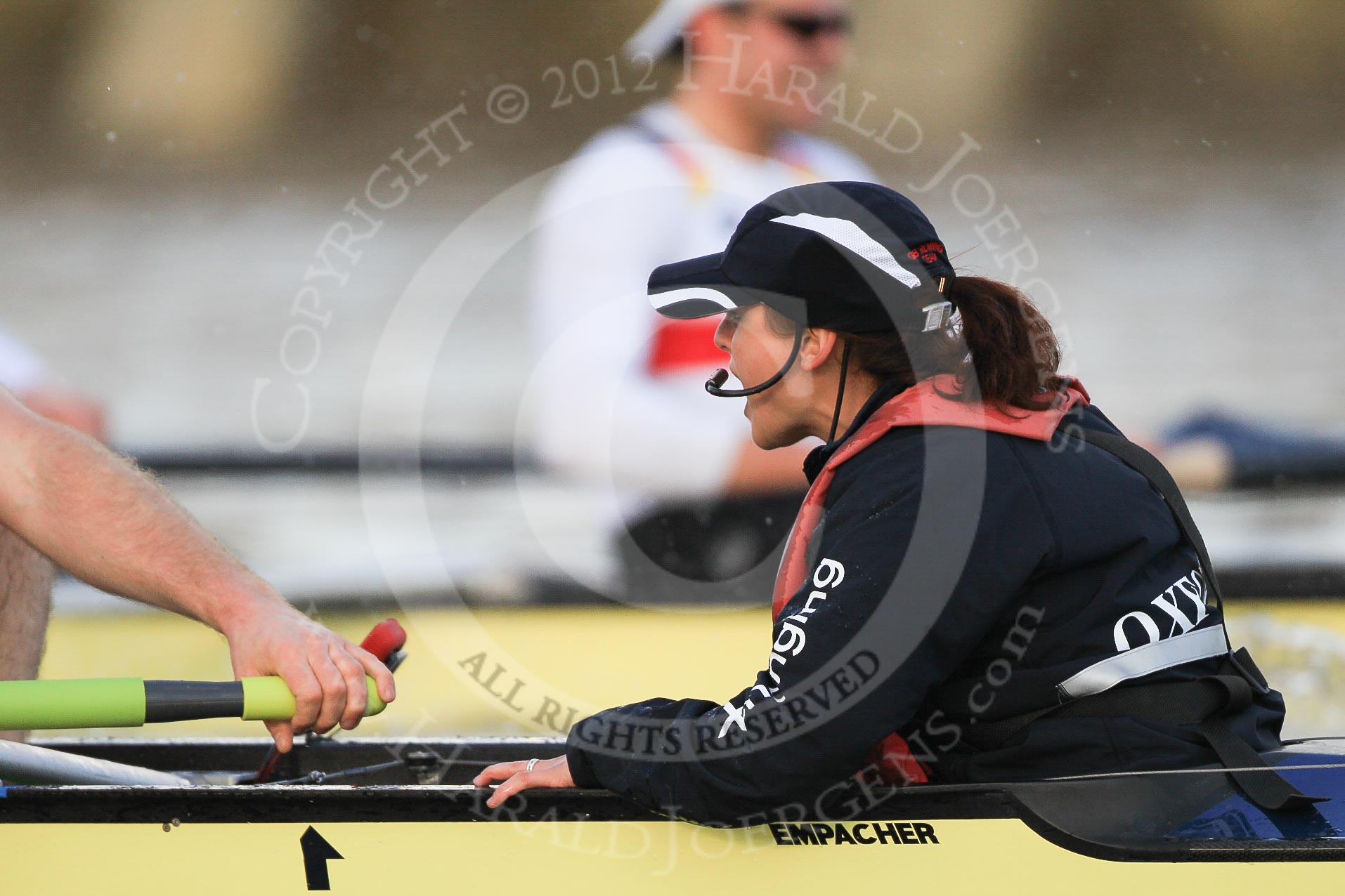 The Boat Race season 2012 - fixture OUBC vs German U23: Oxford Blue Boat cox Zoe de Toledo..
River Thames between Putney and Mortlake,
London,

United Kingdom,
on 26 February 2012 at 15:31, image #71