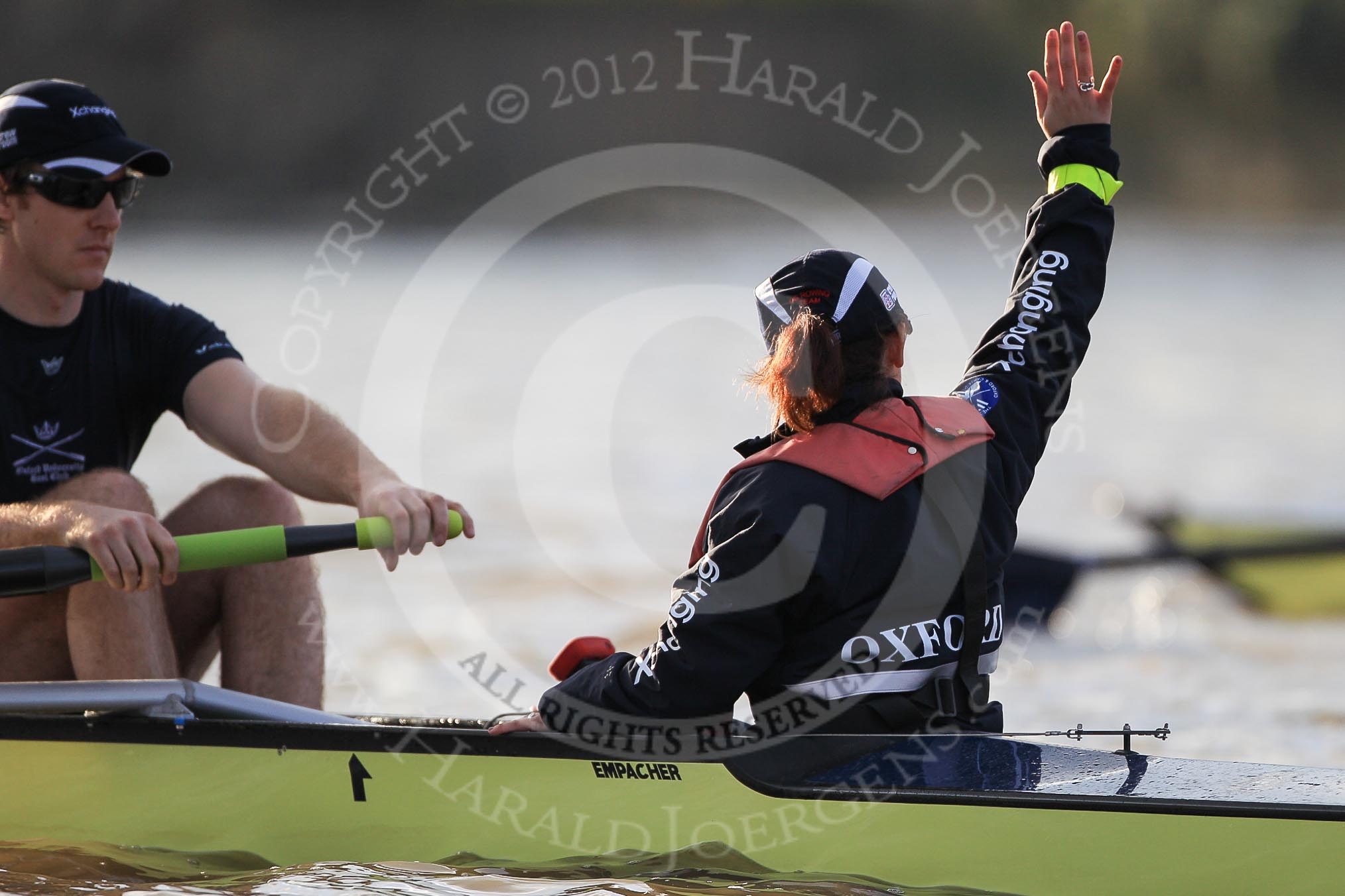 The Boat Race season 2012 - fixture OUBC vs German U23: At the start of the second race, the Oxford Blue Boat - cox Zoe de Toledo and bow Roel Haen..
River Thames between Putney and Mortlake,
London,

United Kingdom,
on 26 February 2012 at 15:45, image #87