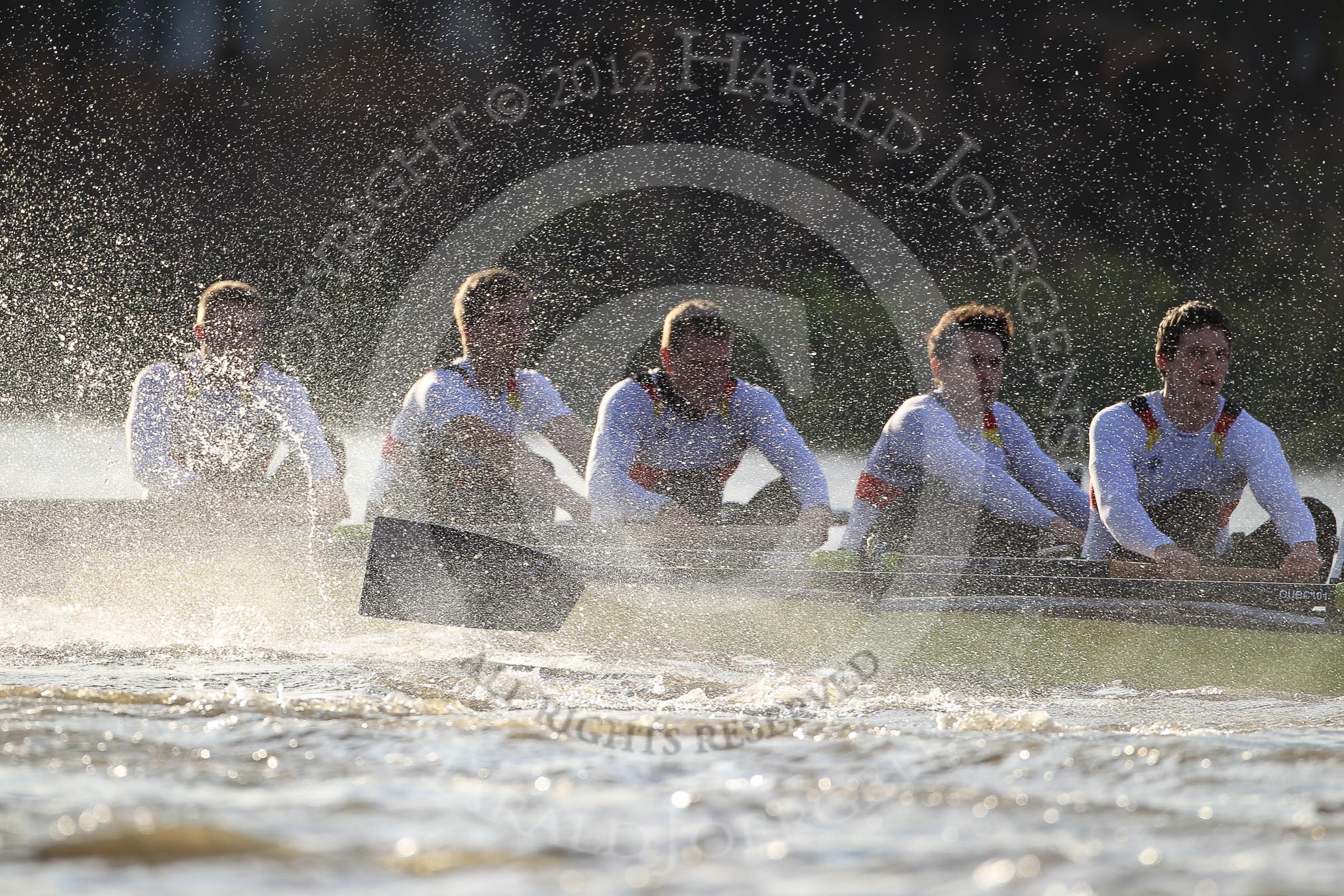 The Boat Race season 2012 - fixture OUBC vs German U23: The German U23 boat, from left to right Bow Maximilian Johanning, Rene Stüven, Robin Ponte, Alexander Thierfelder, and Malte Jakschik..
River Thames between Putney and Mortlake,
London,

United Kingdom,
on 26 February 2012 at 15:46, image #92