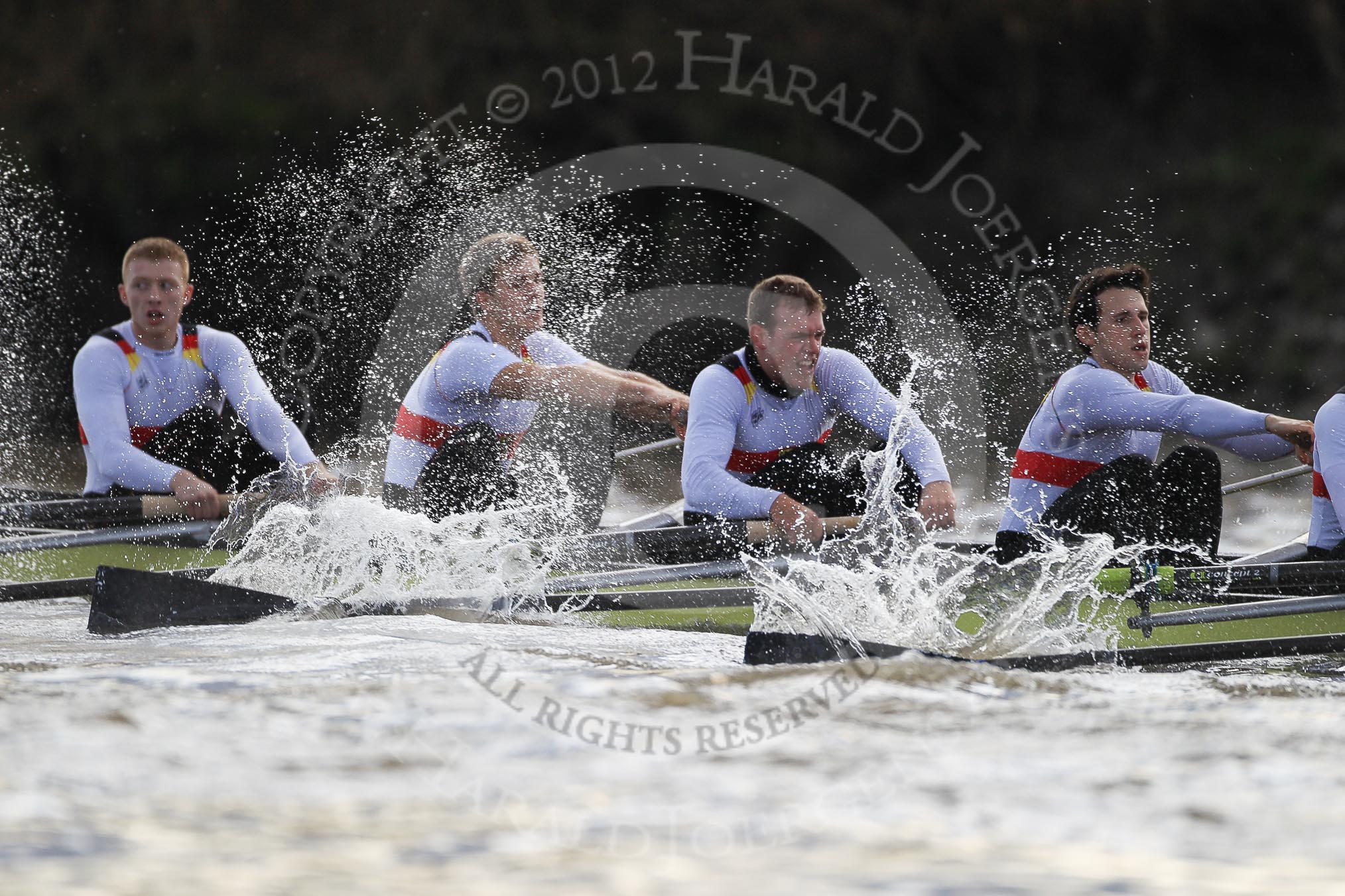 The Boat Race season 2012 - fixture OUBC vs German U23: Approaching the finish line of the second race, the German U23 boat, from left to right bow Maximilian Johanning, Rene Stüven, Robin Ponte, and Alexander Thierfelder..
River Thames between Putney and Mortlake,
London,

United Kingdom,
on 26 February 2012 at 15:49, image #97