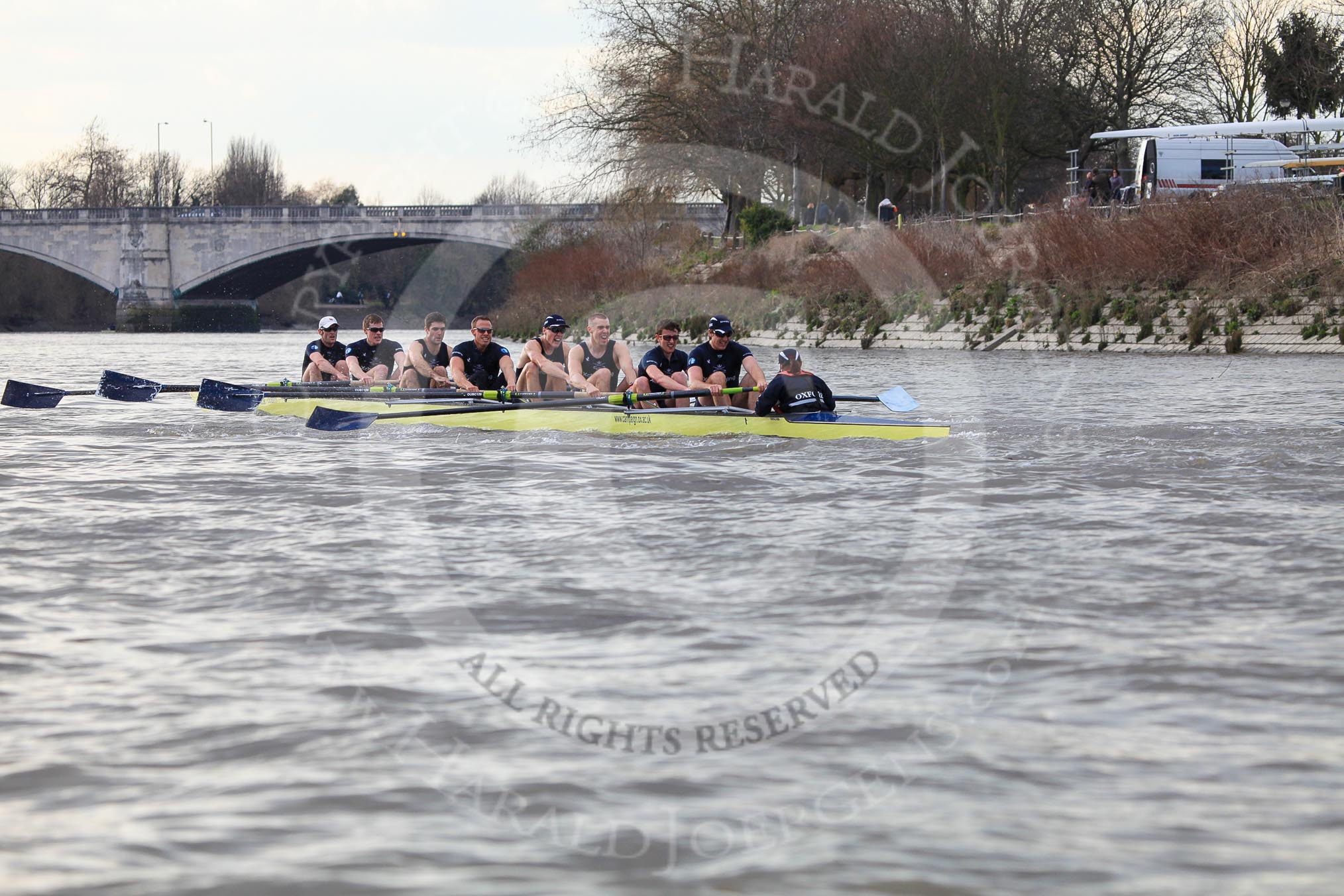 The Boat Race season 2012 - fixture OUBC vs German U23: Oxford Blue Boat after winning the second race from Chiswick Eyot to The Boat Race finish at Mortlake. In the background Chiswick Bridge..
River Thames between Putney and Mortlake,
London,

United Kingdom,
on 26 February 2012 at 15:53, image #105