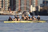 The Boat Race season 2012 - fixture OUBC vs German U23: The OUBC Blue Boat, getting ready for the start of the first race, East of Putney Bridge. From left to right cox Zoe de Toledo, stern Roel Haen, Dan Harvey, Alex Davidson, Karl Hudspith, Dr. Hanno Wienhausen, Kevin Baum, Geordie MacLeod, and bow Dr. Alexander Woods..
River Thames between Putney and Mortlake,
London,

United Kingdom,
on 26 February 2012 at 15:21, image #28