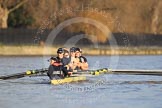 The Boat Race season 2012 - fixture OUBC vs German U23: The OUBC Blue Boat, getting ready for the start of the first race, East of Putney Bridge. From left to right cox Zoe de Toledo, stern Roel Haen, Dan Harvey, Alex Davidson, Karl Hudspith, Dr. Hanno Wienhausen, Kevin Baum, Geordie MacLeod, and bow Dr. Alexander Woods..
River Thames between Putney and Mortlake,
London,

United Kingdom,
on 26 February 2012 at 15:21, image #30