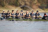 The Boat Race season 2012 - fixture OUBC vs German U23: The OUBC Blue Boat, getting ready for the start of the first race, East of Putney Bridge. From left to right bow Dr. Alexander Woods, Geordie MacLeod, Kevin Baum, Dr. Hanno Wienhausen, Karl Hudspith, Alex Davidson, Dan Harvey, stern Roel Haen, and cox Zoe de Toledo..
River Thames between Putney and Mortlake,
London,

United Kingdom,
on 26 February 2012 at 15:21, image #32