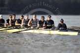 The Boat Race season 2012 - fixture OUBC vs German U23: The Oxford Blue Boat - from left to right Bow Dr. Alexander Woods, Geordie MacLeod, Kevin Baum, Dr. Hanno Wienhausen, Karl Hudspith, Alex Davidson, Dan Harvey, Stern Roel Haen, and Cox Zoe de Toledo..
River Thames between Putney and Mortlake,
London,

United Kingdom,
on 26 February 2012 at 15:24, image #37