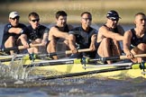 The Boat Race season 2012 - fixture OUBC vs German U23: The Oxford Blue Boat at the start of the race, from left to right Bow Dr. Alexander Woods, Geordie MacLeod, Kevin Baum, Dr. Hanno Wienhausen, Karl Hudspith, and Alex Davidson..
River Thames between Putney and Mortlake,
London,

United Kingdom,
on 26 February 2012 at 15:26, image #48