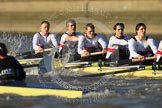 The Boat Race season 2012 - fixture OUBC vs German U23: In white the crew of the German U23 boat, from left to right Bow Maximilian Johanning, Rene Stüven, Robin Ponte, Alexander Thierfelder, and Malte Jakschik..
River Thames between Putney and Mortlake,
London,

United Kingdom,
on 26 February 2012 at 15:26, image #50