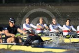 The Boat Race season 2012 - fixture OUBC vs German U23: In front the Oxford Blue Boat, cox Zoe de Toledo and bow Roel Haen, behind the German U23 boat, from left to right Maximilian Johanning, Rene Stüven, Robin Ponte, and Alexander Thierfelder..
River Thames between Putney and Mortlake,
London,

United Kingdom,
on 26 February 2012 at 15:26, image #52
