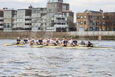 The Boat Race season 2012 - fixture OUBC vs German U23: The Oxford Blue Boat in front, the German U23 boat behind, still leading the race. In the background the buildings of Thames Reach Housing..
River Thames between Putney and Mortlake,
London,

United Kingdom,
on 26 February 2012 at 15:30, image #69