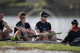 The Boat Race season 2012 - fixture OUBC vs German U23: Before the start of the second race, the Oxford Blue Boat, from left to right Alex Davidson, Dan Harvey, stern Roel Haen, and cox Zoe de Toledo..
River Thames between Putney and Mortlake,
London,

United Kingdom,
on 26 February 2012 at 15:45, image #86