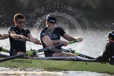 The Boat Race season 2012 - fixture OUBC vs German U23: Approaching the finish line of the second race, the Oxford Blue Boat, from left to right Dan Harvey, stern Roel Haen, and cox Zoe de Toledo..
River Thames between Putney and Mortlake,
London,

United Kingdom,
on 26 February 2012 at 15:46, image #89