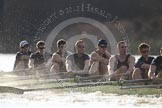 The Boat Race season 2012 - fixture OUBC vs German U23: Approaching the finish line of the second race, the Oxford Blue Boat, from left to right bow Dr. Alexander Woods, Geordie MacLeod, Kevin Baum, Dr. Hanno Wienhausen, Karl Hudspith, Alex Davidson, and Dan Harvey..
River Thames between Putney and Mortlake,
London,

United Kingdom,
on 26 February 2012 at 15:46, image #91