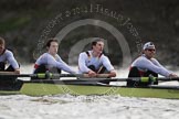 The Boat Race season 2012 - fixture OUBC vs German U23: Approaching the finish line of the second race, the German U23 boat, from left to right Robin Ponte, Alexander Thierfelder, Malte Jakschik,  and Maximilian Planer..
River Thames between Putney and Mortlake,
London,

United Kingdom,
on 26 February 2012 at 15:49, image #96