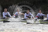 The Boat Race season 2012 - fixture OUBC vs German U23: Approaching the finish line of the second race, the German U23 boat, from left to right bow Maximilian Johanning, Rene Stüven, Robin Ponte, and Alexander Thierfelder..
River Thames between Putney and Mortlake,
London,

United Kingdom,
on 26 February 2012 at 15:49, image #97