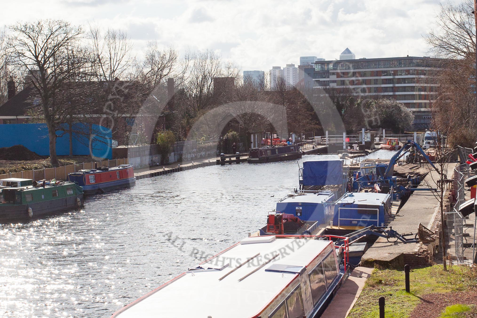 The Boat Race season 2012 - Crew Announcement and Weigh In: The River Lee and Old Ford Lock seen from Forman's Fish Island. In the background the skyscrapers of Canary Wharf..
Forman's Fish Island,
London E3,

United Kingdom,
on 05 March 2012 at 10:43, image #59