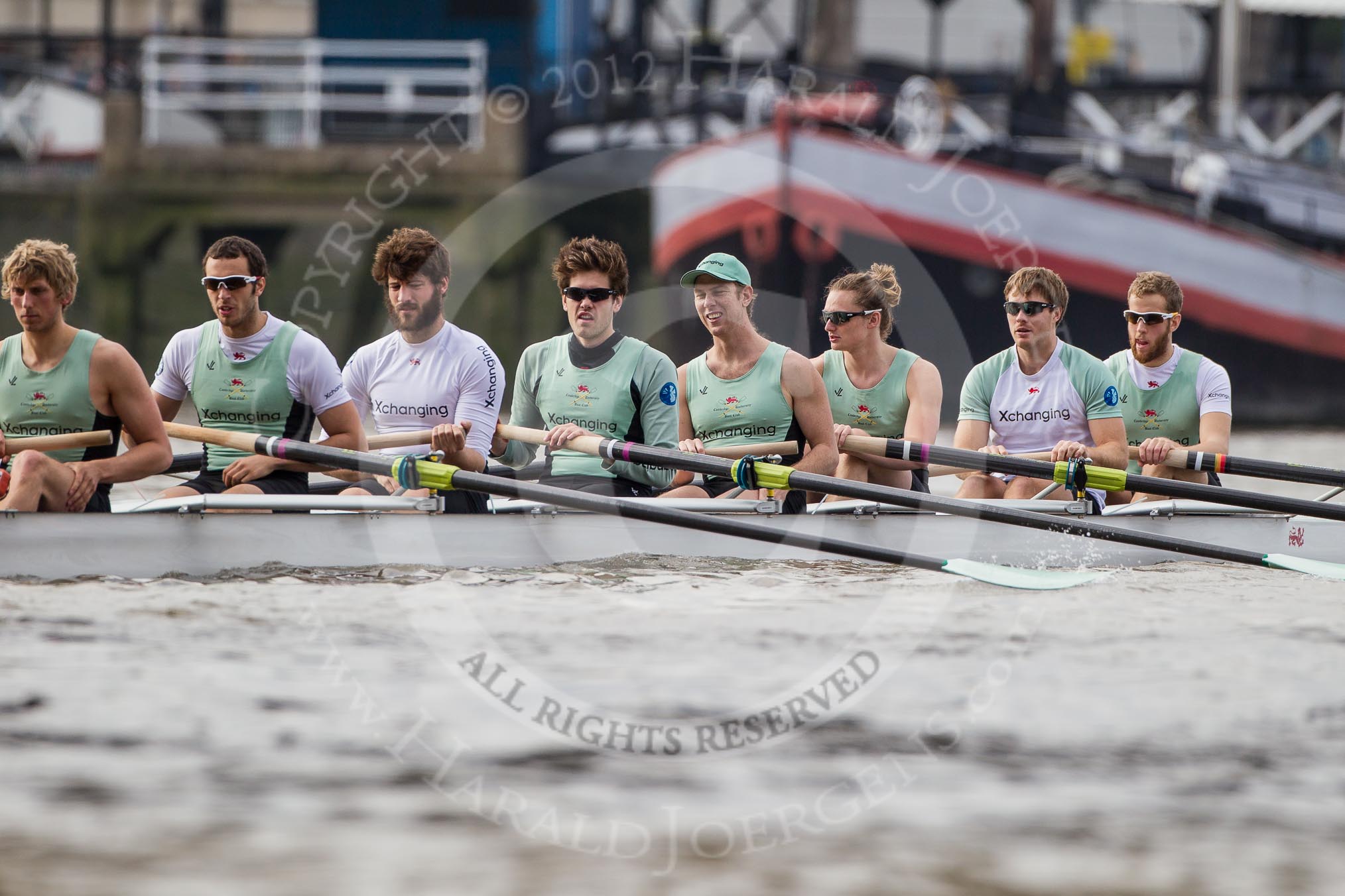 The Boat Race season 2012 - fixture CUBC vs Leander: The CUBC Blue Boat getting ready for the start of the race: Stroke Niles Garratt, Alex Ross, Steve Dudek, Alexander Scharp, Jack Lindeman, Mike Thorp, David Nelson, and bow Moritz Schramm..
River Thames between Putney and Molesey,
London,
Greater London,
United Kingdom,
on 10 March 2012 at 14:11, image #91