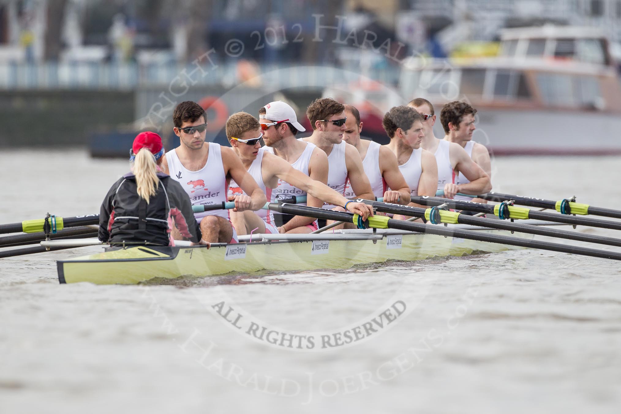 The Boat Race season 2012 - fixture CUBC vs Leander: The Leander Club Eight preparing for the start of the race. Cox Katie Klavenes, stroke Vasillis Ragoussis, Cameron MacRitchie, Sean Dixon, Tom Clark, John Clay, Will Gray, Sam Whittaker, and bow Oliver Holt..
River Thames between Putney and Molesey,
London,
Greater London,
United Kingdom,
on 10 March 2012 at 14:12, image #92