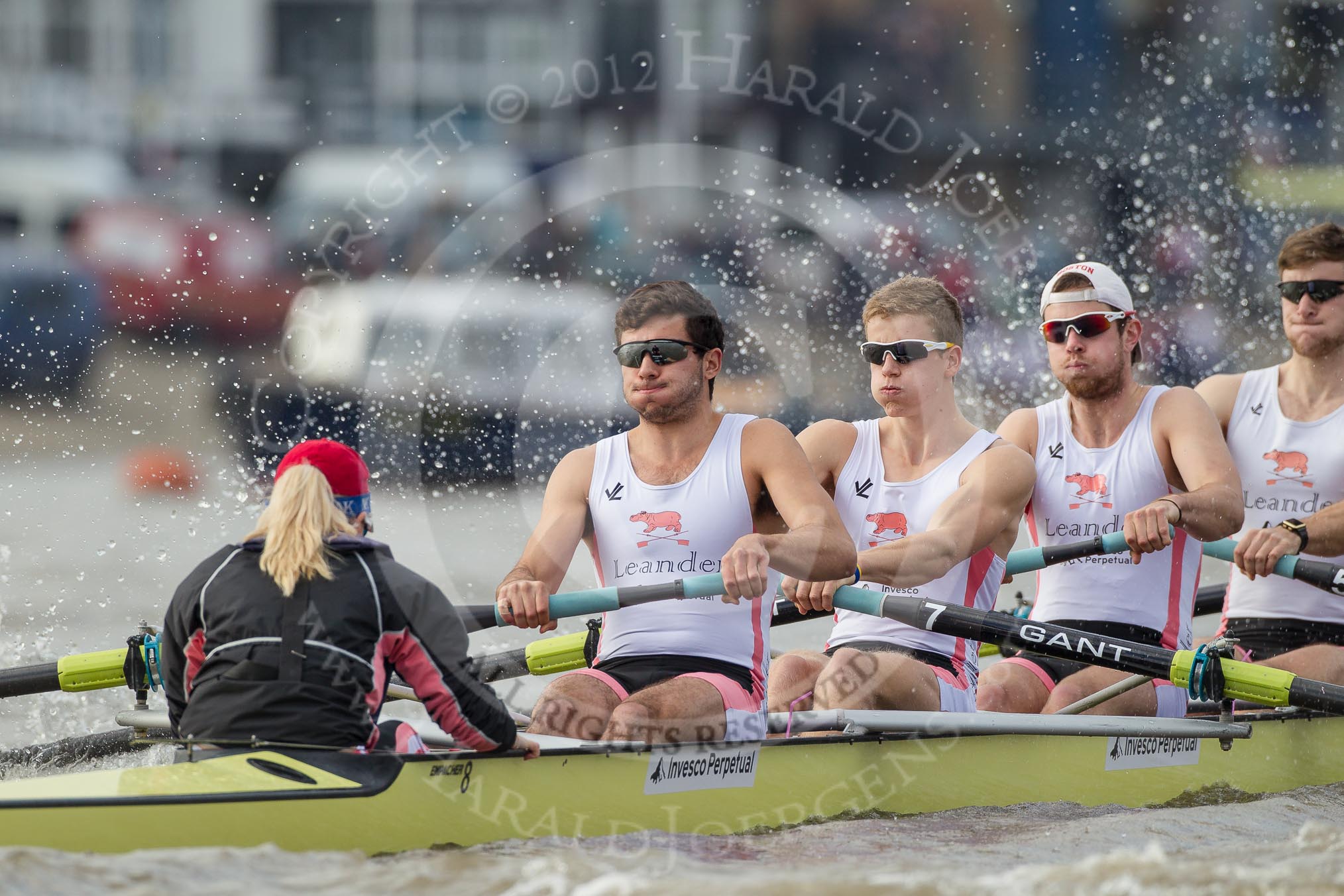 The Boat Race season 2012 - fixture CUBC vs Leander: The race is on. Leander Club Eight cox Katie Klavenes, stroke Vasillis Ragoussis, Cameron MacRitchie, Sean Dixon, and Tom Clark..
River Thames between Putney and Molesey,
London,
Greater London,
United Kingdom,
on 10 March 2012 at 14:12, image #95