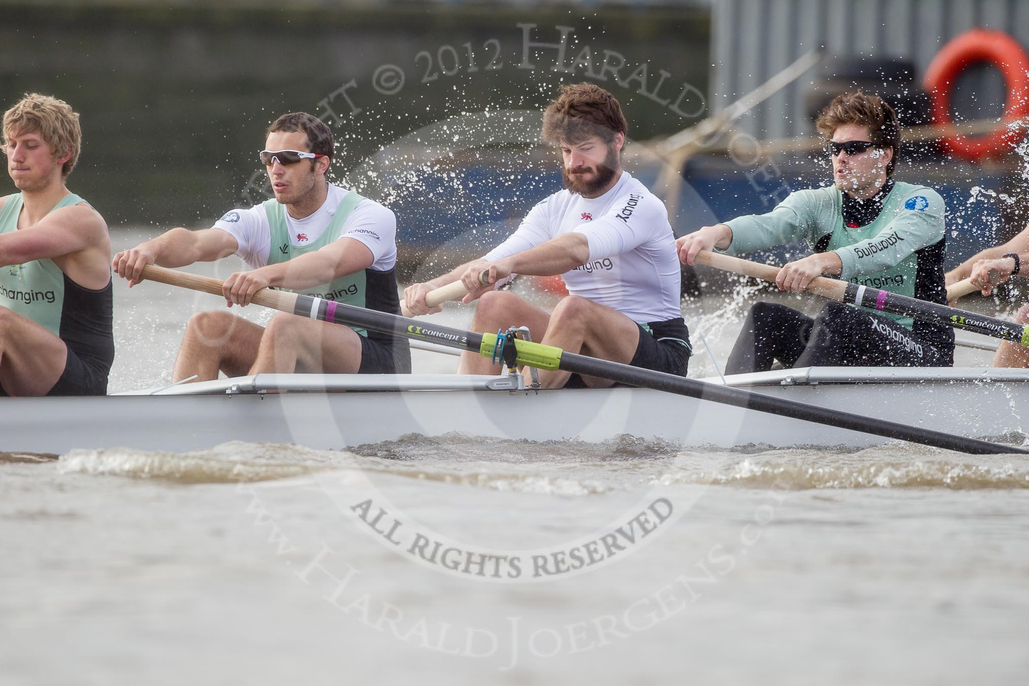 The Boat Race season 2012 - fixture CUBC vs Leander: CUBC Blue Boat: Stroke Niles Garratt, Alex Ross, Steve Dudek, and Alexander Scharp..
River Thames between Putney and Molesey,
London,
Greater London,
United Kingdom,
on 10 March 2012 at 14:12, image #96