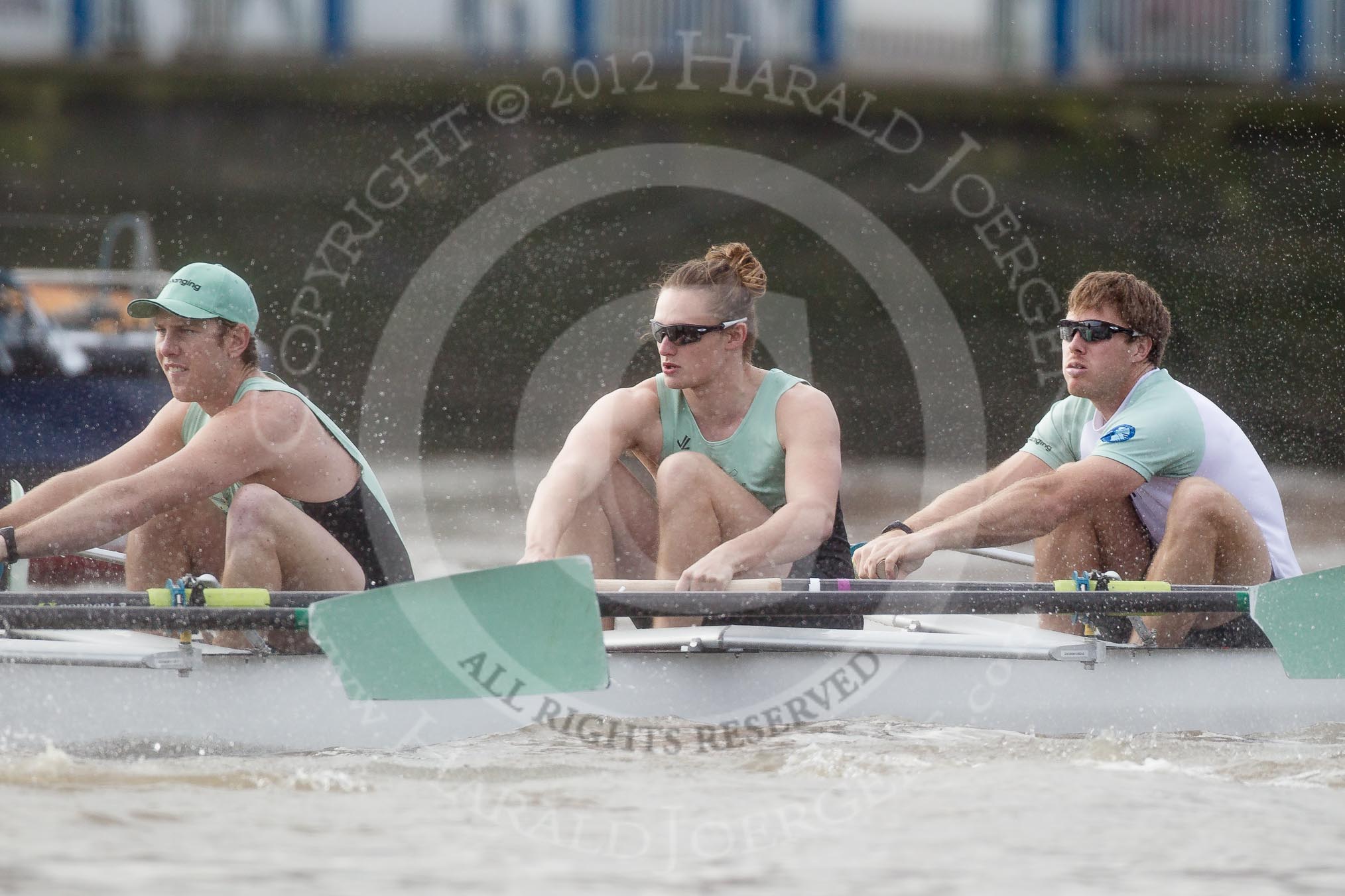 The Boat Race season 2012 - fixture CUBC vs Leander: CUBC Blue Boat: Jack Lindeman, Mike Thorp, and David Nelson..
River Thames between Putney and Molesey,
London,
Greater London,
United Kingdom,
on 10 March 2012 at 14:13, image #100