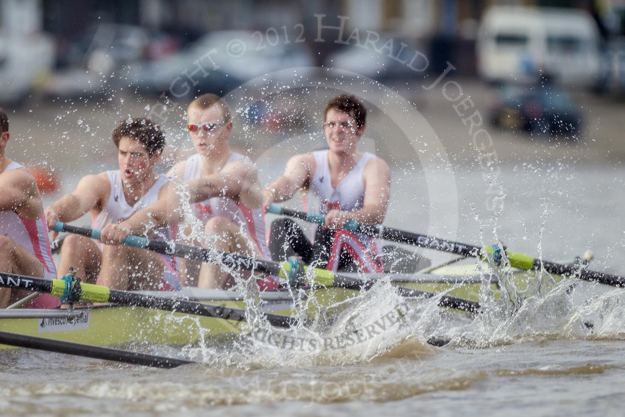 The Boat Race season 2012 - fixture CUBC vs Leander: The Leander Club Eight:  Will Gray, Sam Whittaker, and bow Oliver Holt..
River Thames between Putney and Molesey,
London,
Greater London,
United Kingdom,
on 10 March 2012 at 14:13, image #101