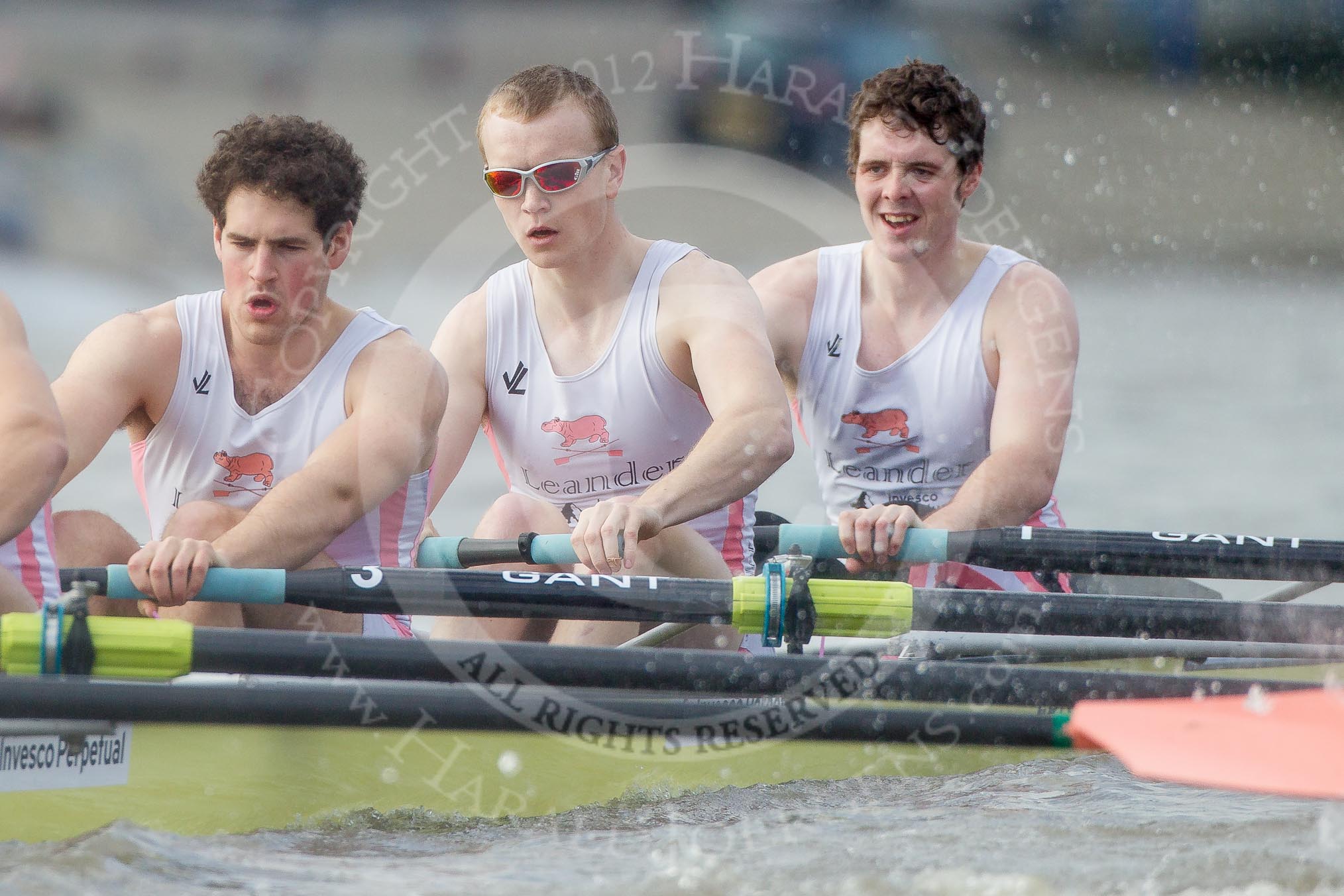 The Boat Race season 2012 - fixture CUBC vs Leander: The Leander Club Eight:  Will Gray, Sam Whittaker, and bow Oliver Holt..
River Thames between Putney and Molesey,
London,
Greater London,
United Kingdom,
on 10 March 2012 at 14:13, image #102