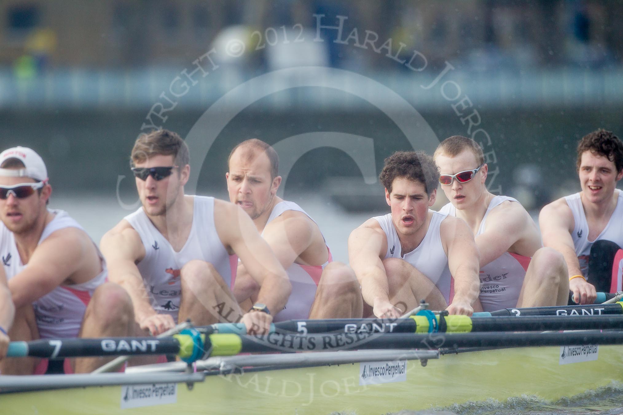 The Boat Race season 2012 - fixture CUBC vs Leander: The Leander Club Eight:  Sean Dixon, Tom Clark, John Clay, Will Gray, Sam Whittaker, and bow Oliver Holt..
River Thames between Putney and Molesey,
London,
Greater London,
United Kingdom,
on 10 March 2012 at 14:13, image #105