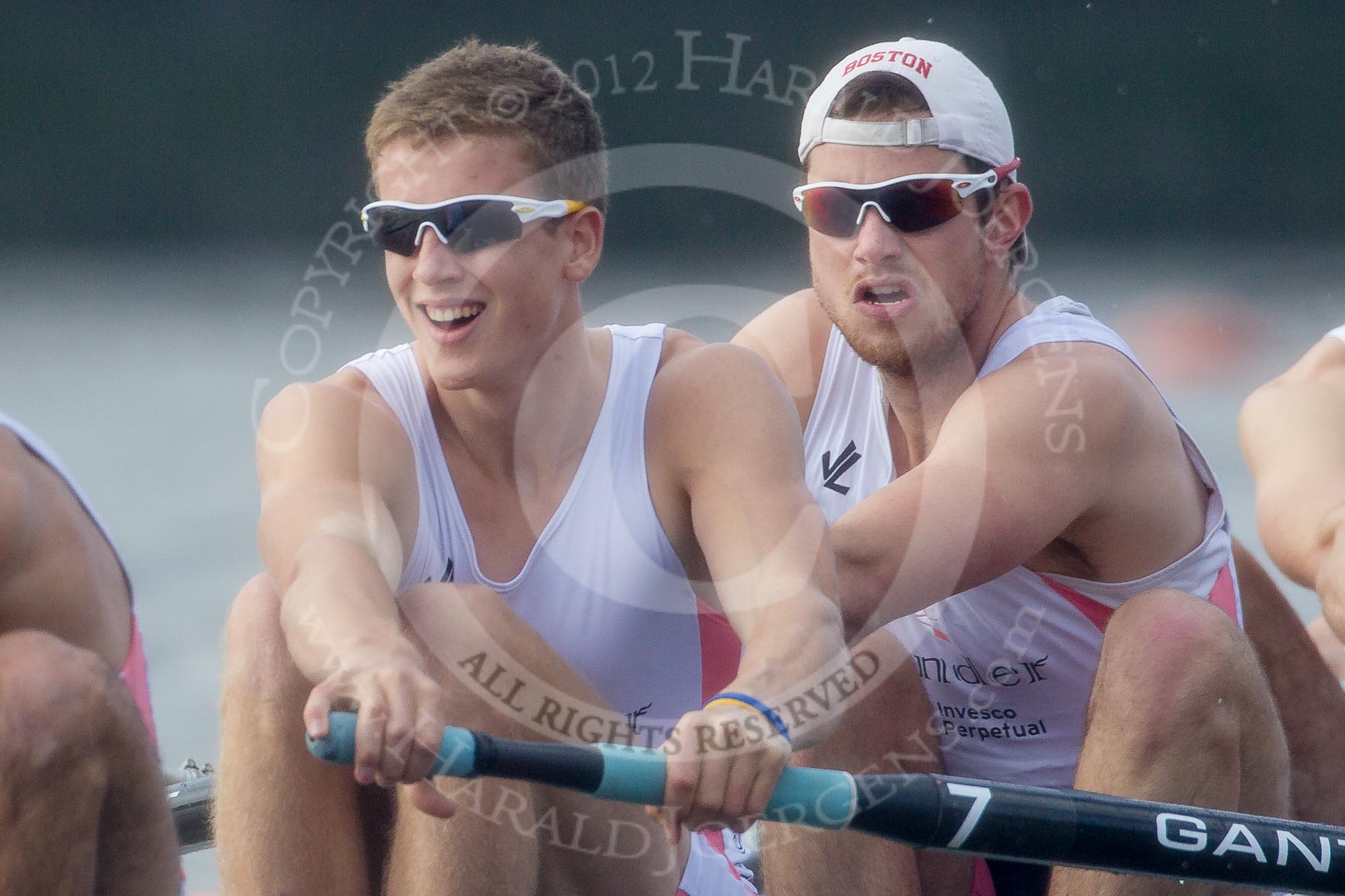 The Boat Race season 2012 - fixture CUBC vs Leander: The Leander Club Eight:  Close-up of 7, Cameron MacRitchie, and 6, Sean Dixon..
River Thames between Putney and Molesey,
London,
Greater London,
United Kingdom,
on 10 March 2012 at 14:13, image #106