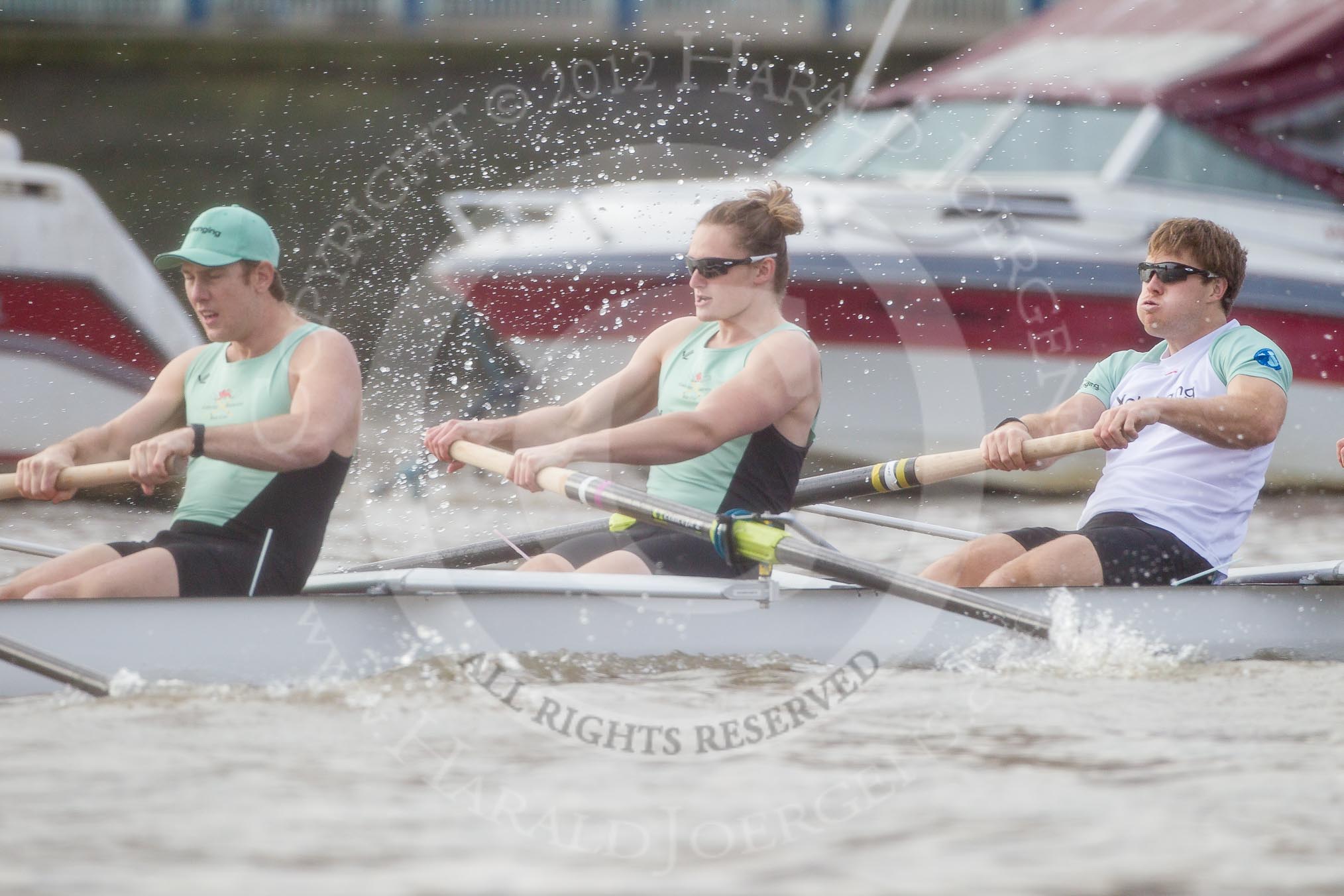 The Boat Race season 2012 - fixture CUBC vs Leander: CUBC Blue Boat: Jack Lindeman, Mike Thorp, and David Nelson..
River Thames between Putney and Molesey,
London,
Greater London,
United Kingdom,
on 10 March 2012 at 14:13, image #107