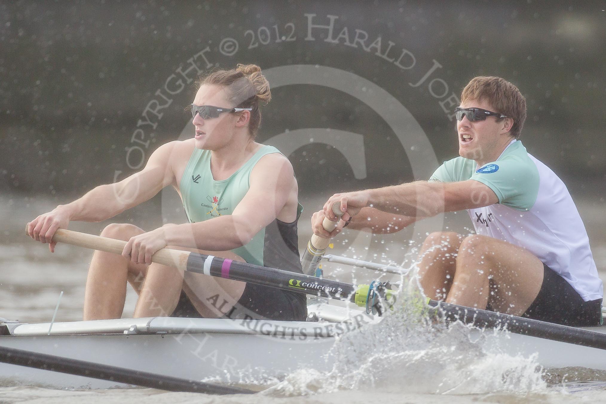 The Boat Race season 2012 - fixture CUBC vs Leander: CUBC Blue Boat: Mike Thorp and David Nelson..
River Thames between Putney and Molesey,
London,
Greater London,
United Kingdom,
on 10 March 2012 at 14:13, image #108