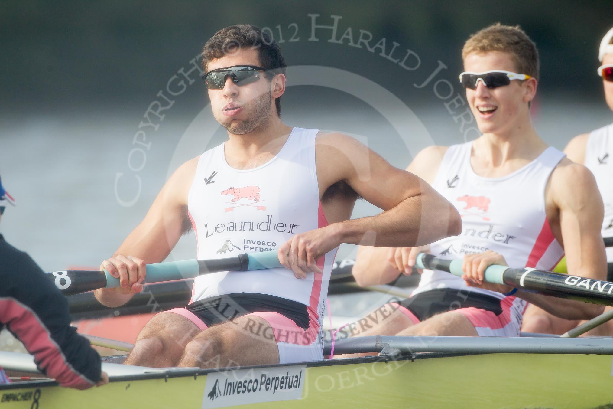 The Boat Race season 2012 - fixture CUBC vs Leander: The Leander Club Eight: Stroke Vasillis Ragoussis and  Cameron MacRitchie..
River Thames between Putney and Molesey,
London,
Greater London,
United Kingdom,
on 10 March 2012 at 14:15, image #114