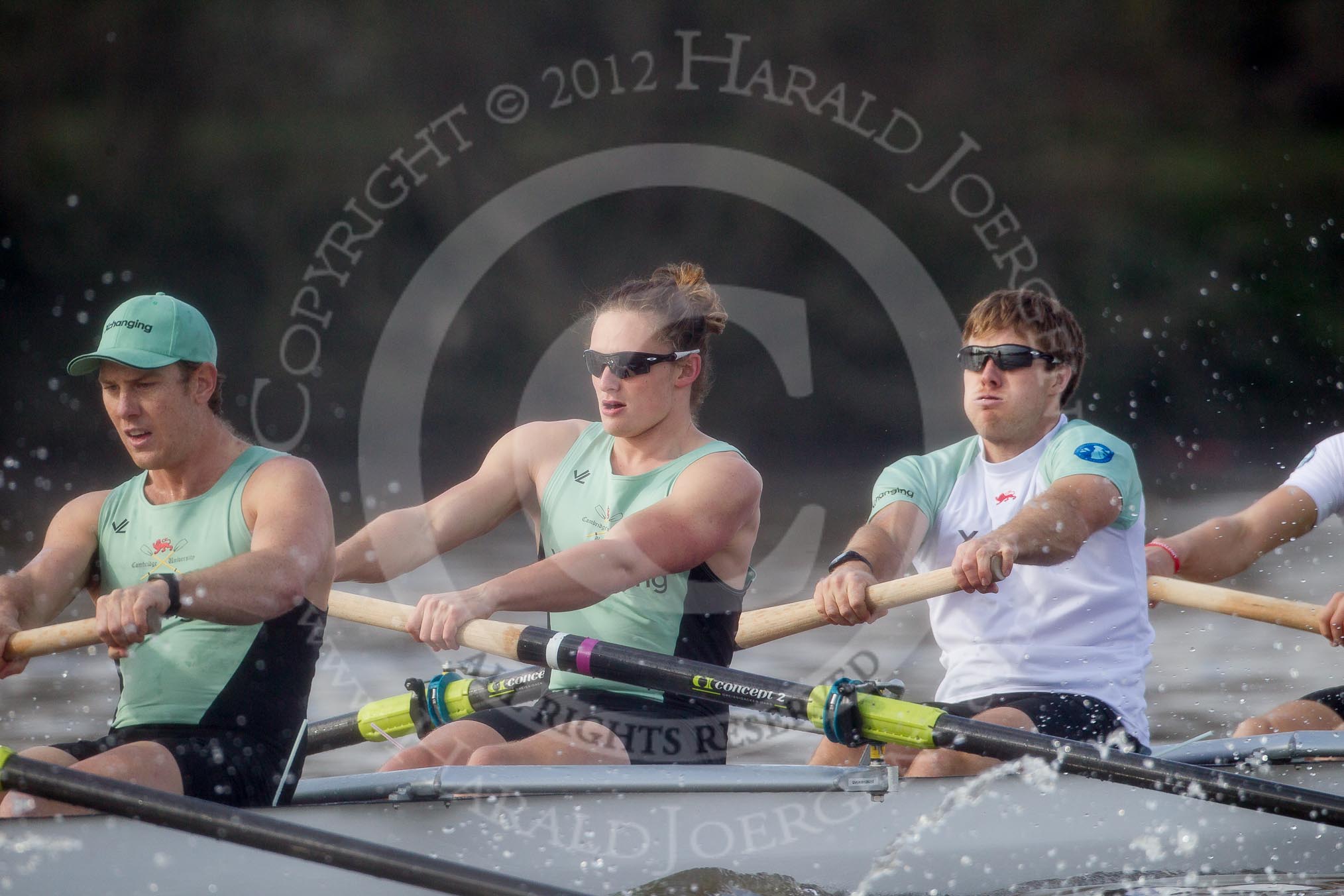 The Boat Race season 2012 - fixture CUBC vs Leander: CUBC Blue Boat: Jack Lindeman, Mike Thorp, and David Nelson..
River Thames between Putney and Molesey,
London,
Greater London,
United Kingdom,
on 10 March 2012 at 14:16, image #123