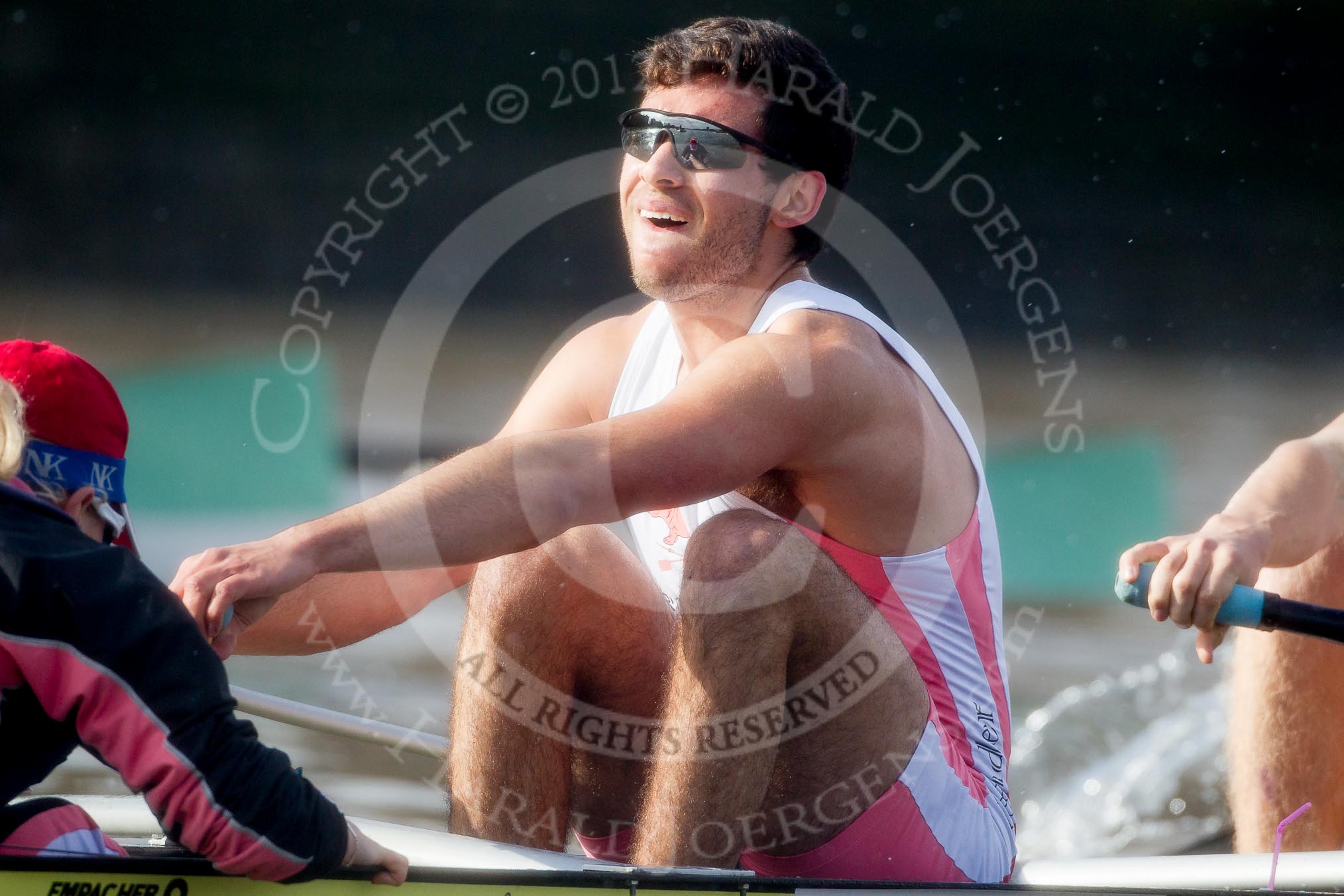 The Boat Race season 2012 - fixture CUBC vs Leander: The Leander Club Eight:  Close-up of stroke Vasillis Ragoussis..
River Thames between Putney and Molesey,
London,
Greater London,
United Kingdom,
on 10 March 2012 at 14:17, image #132