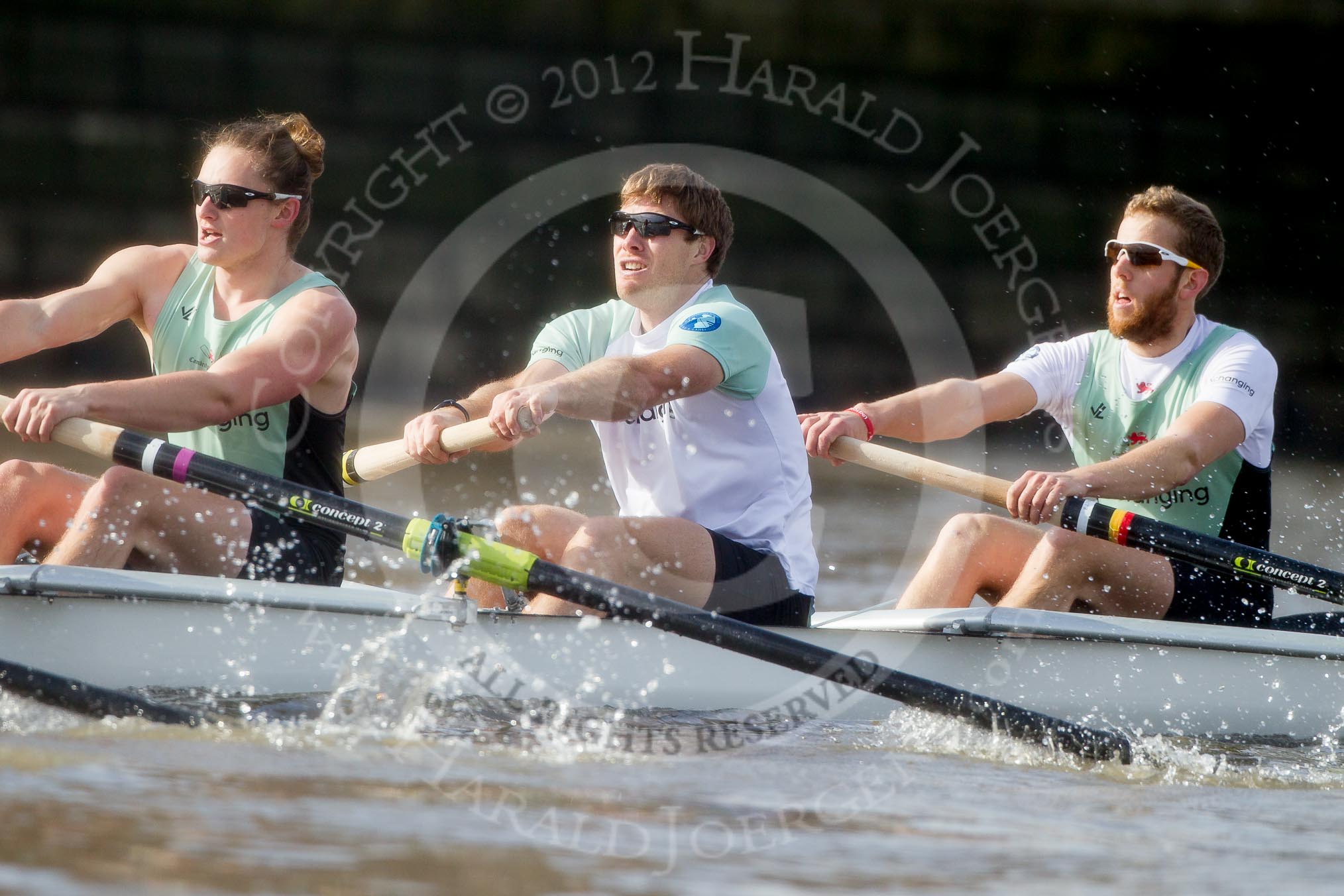The Boat Race season 2012 - fixture CUBC vs Leander: CUBC Blue Boat: Mike Thorp, David Nelson, and bow Moritz Schramm..
River Thames between Putney and Molesey,
London,
Greater London,
United Kingdom,
on 10 March 2012 at 14:17, image #133