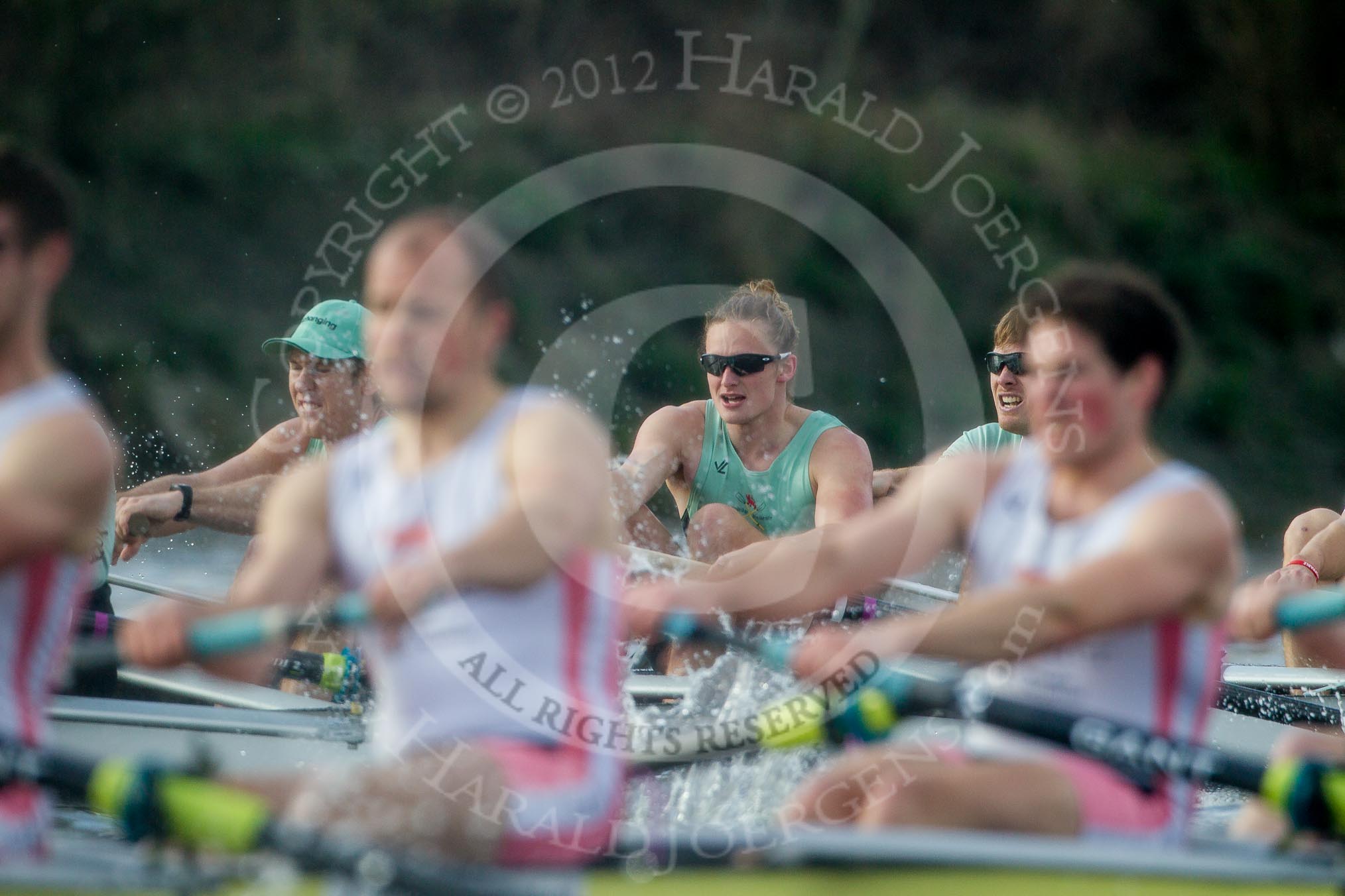 The Boat Race season 2012 - fixture CUBC vs Leander: CUBC Blue Boat: Jack Lindeman, Mike Thorp, and David Nelson..
River Thames between Putney and Molesey,
London,
Greater London,
United Kingdom,
on 10 March 2012 at 14:18, image #138