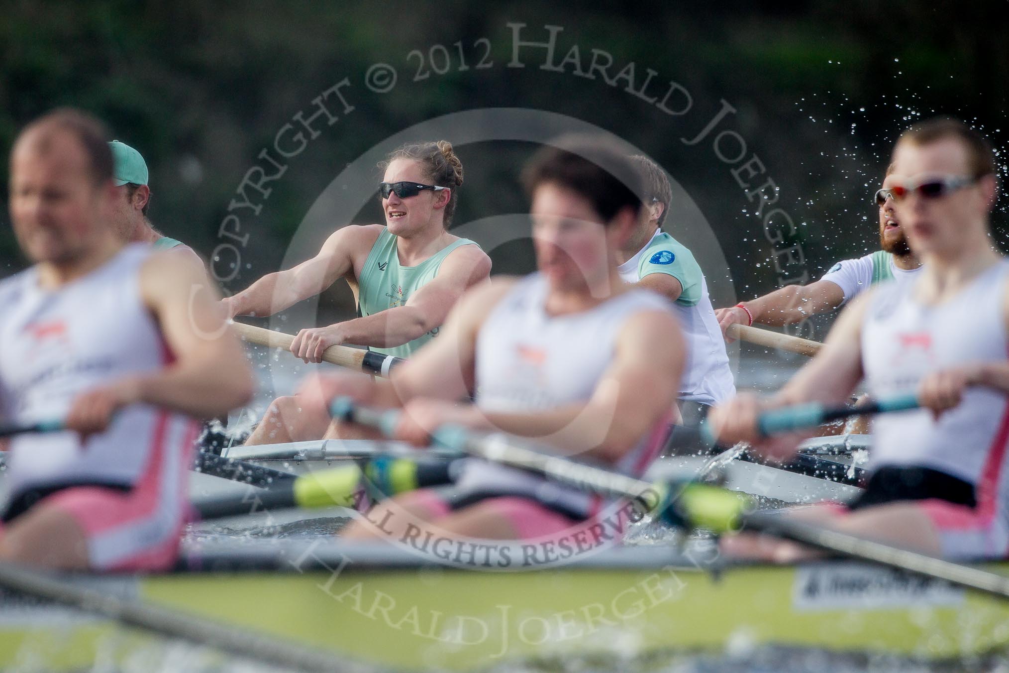 The Boat Race season 2012 - fixture CUBC vs Leander: About to win the CUBC vs Leander fixture: In the CUBC Blue Boat Jack Lindeman,  Mike Thorp, David Nelson and bow Moritz Schramm. In the Leander Club boat John Clay, Will Gray, and Sam Whittaker..
River Thames between Putney and Molesey,
London,
Greater London,
United Kingdom,
on 10 March 2012 at 14:18, image #139
