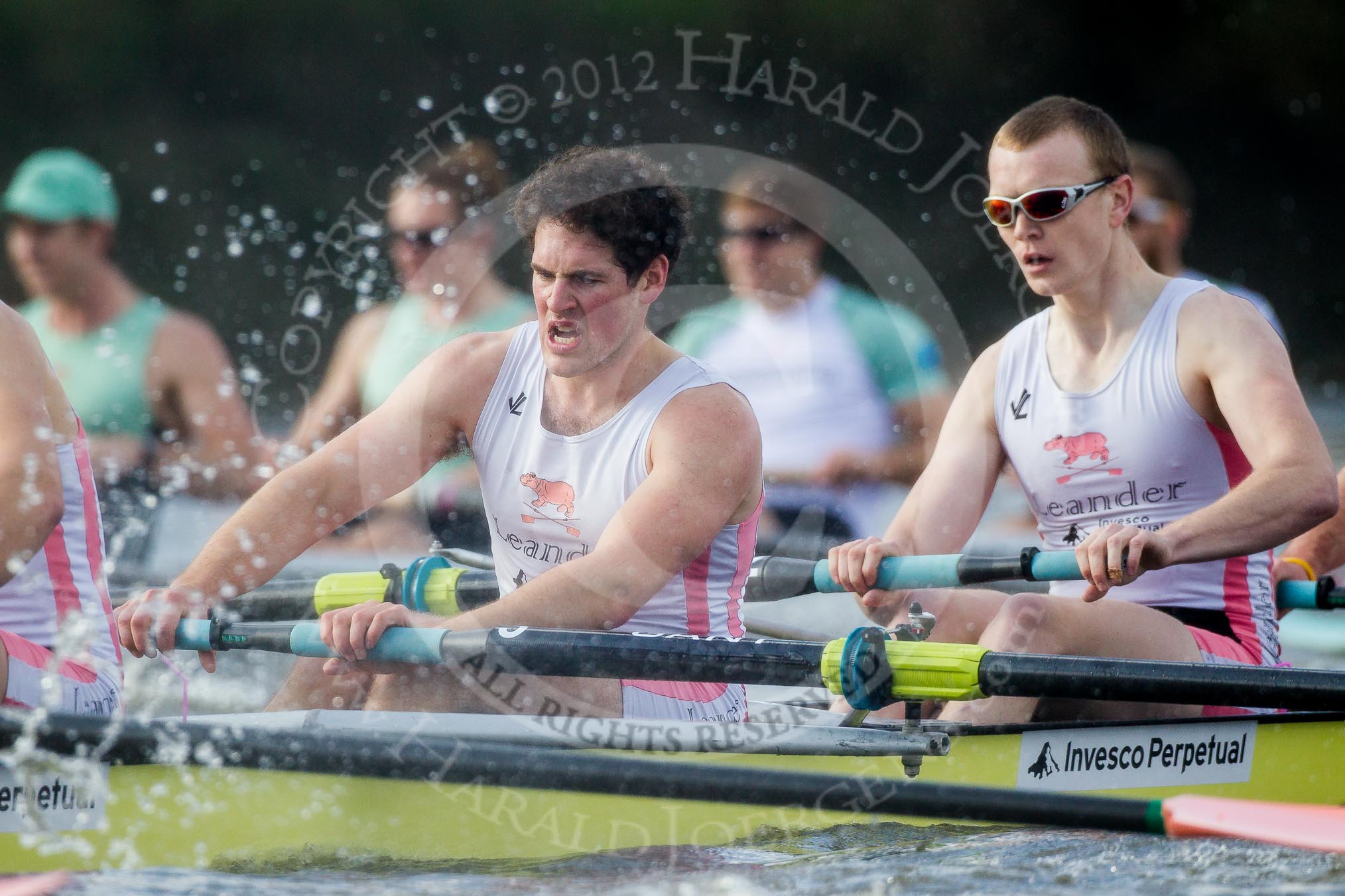 The Boat Race season 2012 - fixture CUBC vs Leander: The Leander Club Eight:  Close-up of Will Gray and Sam Whittaker, behind them the leading Cambridge Eight..
River Thames between Putney and Molesey,
London,
Greater London,
United Kingdom,
on 10 March 2012 at 14:18, image #140