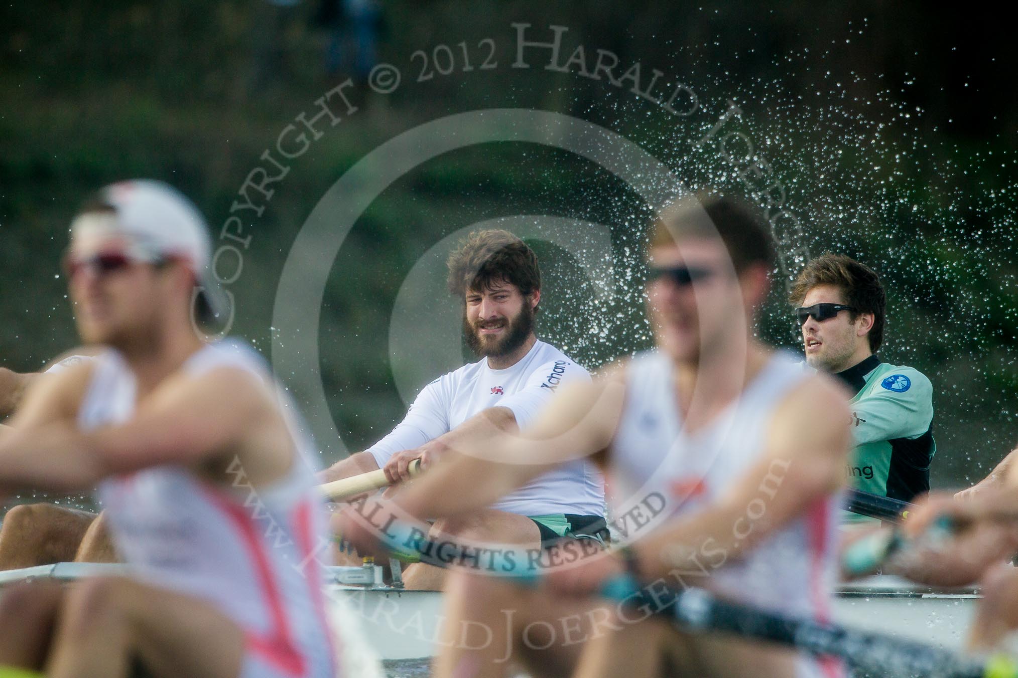 The Boat Race season 2012 - fixture CUBC vs Leander: About to win the CUBC vs Leander fixture: In the CUBC Blue Boat Steve Dudek and Alexander Scharp. In the Leander Club boat Sean Dixon and Tom Clark..
River Thames between Putney and Molesey,
London,
Greater London,
United Kingdom,
on 10 March 2012 at 14:18, image #141