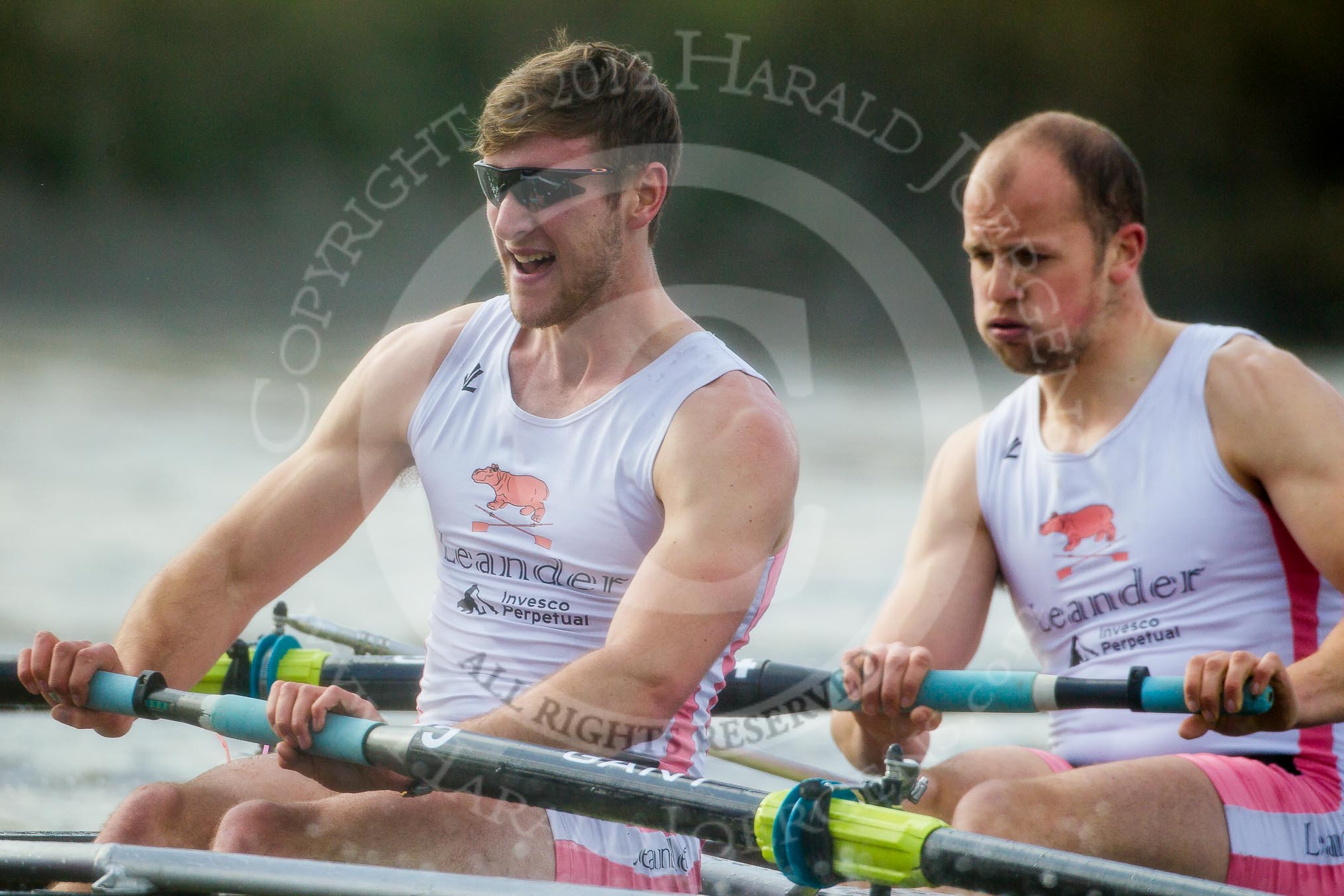 The Boat Race season 2012 - fixture CUBC vs Leander: The Leander Club Eight:  Close-up of 5 Tom Clark and 4 John Clay..
River Thames between Putney and Molesey,
London,
Greater London,
United Kingdom,
on 10 March 2012 at 14:19, image #146