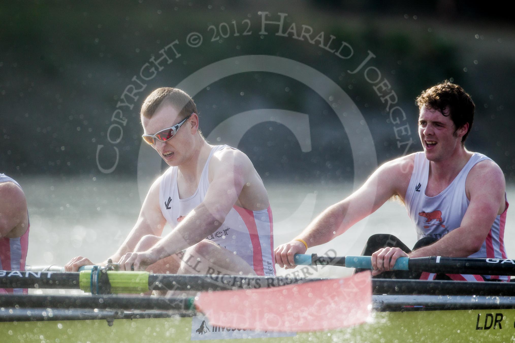 The Boat Race season 2012 - fixture CUBC vs Leander: The Leander Club Eight:  Close-up of 2 Sam Whittaker and bow Oliver Holt, after crossing the finish line..
River Thames between Putney and Molesey,
London,
Greater London,
United Kingdom,
on 10 March 2012 at 14:20, image #149