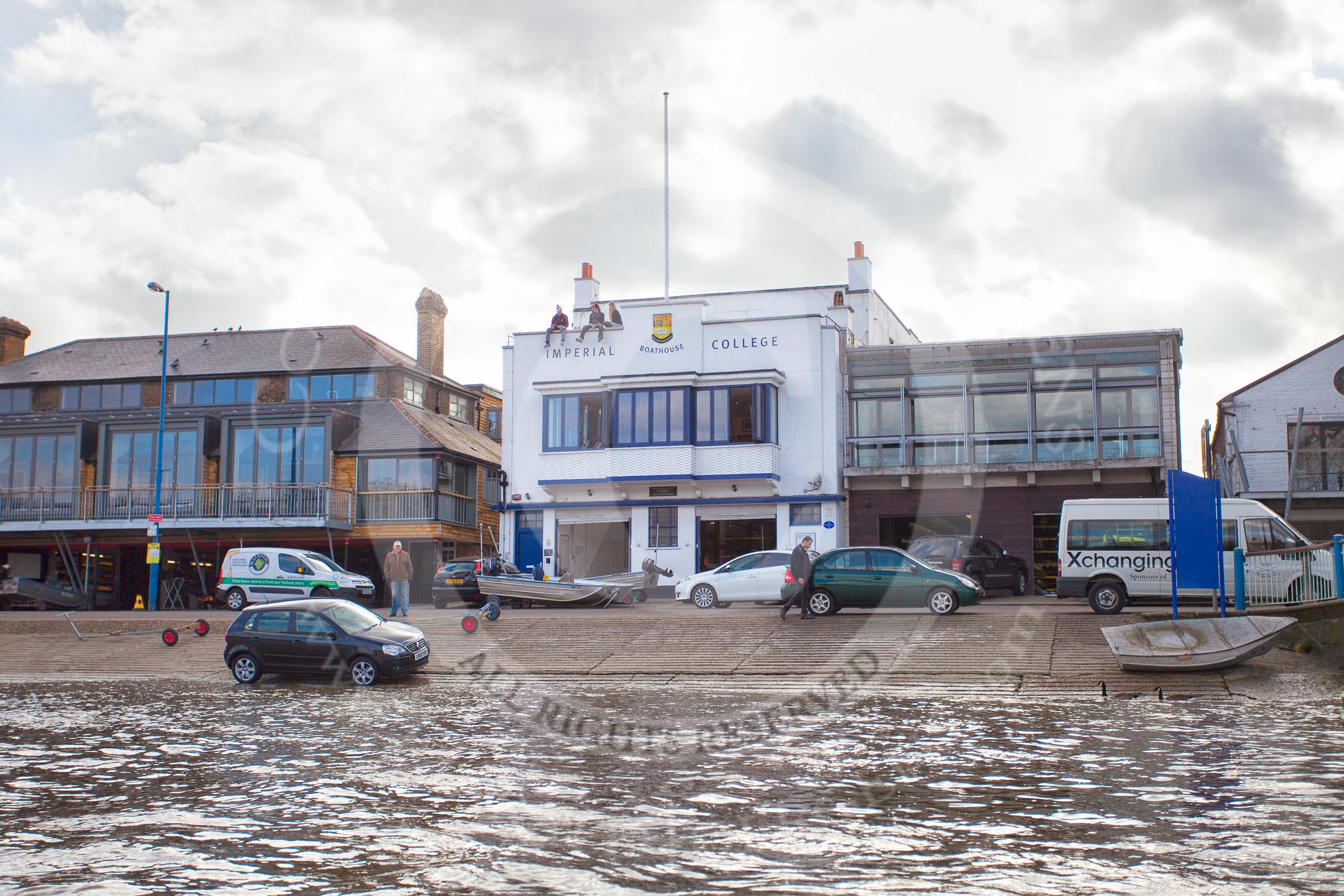 The Boat Race season 2012 - fixture CUBC vs Leander: Thames Rowing Club and Imperial College Boat Club, Putney Embankment, West London, seen from the River Thames..
River Thames between Putney and Molesey,
London,
Greater London,
United Kingdom,
on 10 March 2012 at 14:35, image #155