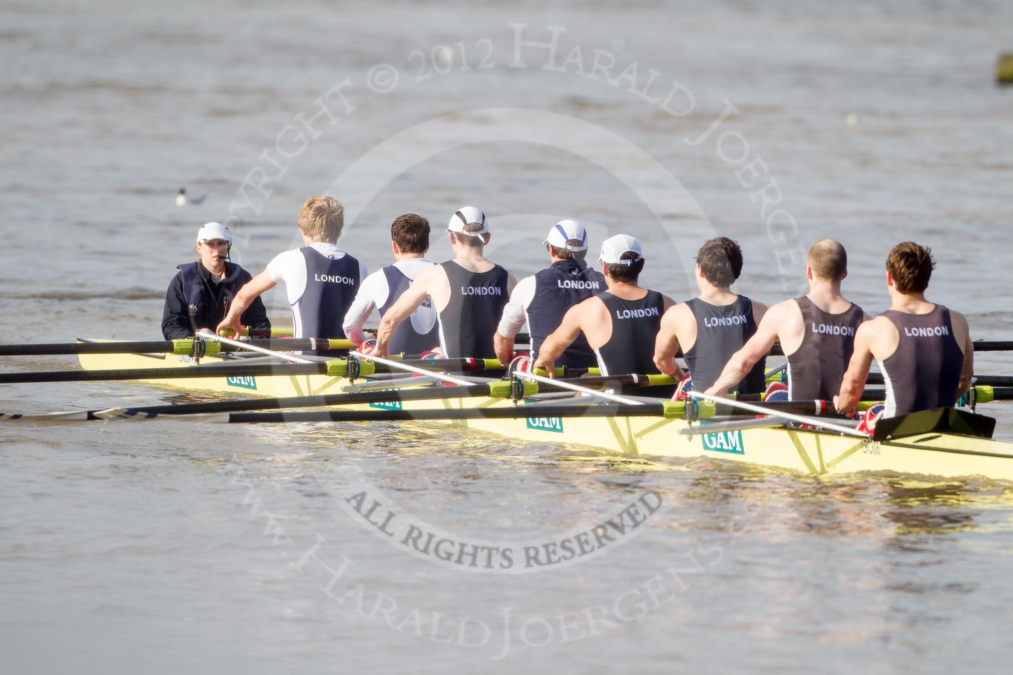 Photo 1203101448431D40981HaraldJoergens The Boat Race season 2012 - fixture CUBC vs Leander: The London Rowing Club Eight after winning against Goldie, the Cambridge reserve boat: Cox Jess Terrell, stroke Mark Aldred, 7 James Lyndsey-Fynn, 6 Adam Rushton, 5 Chris Thomas, 4 Marco Espin, 3 James Clarke, 2 Alex Cawthorne, bow Richard Dunley..
River Thames between Putney and Molesey,
London,
Greater London,
United Kingdom,
on 10 March 2012 at 14:48, image #156