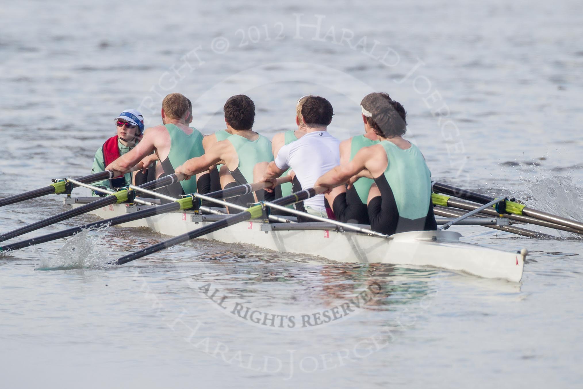 The Boat Race season 2012 - fixture CUBC vs Leander: The CUBC Goldie Crew returning from the race against London RC. Cox Sarah Smart, Felix Wood, Phil Williams, Rowan Lawson, Peter Dewhurst, Joel Jennings, Samuel Troughton, Tom Howarth, and bow Josh Pendry..
River Thames between Putney and Molesey,
London,
Greater London,
United Kingdom,
on 10 March 2012 at 14:51, image #157